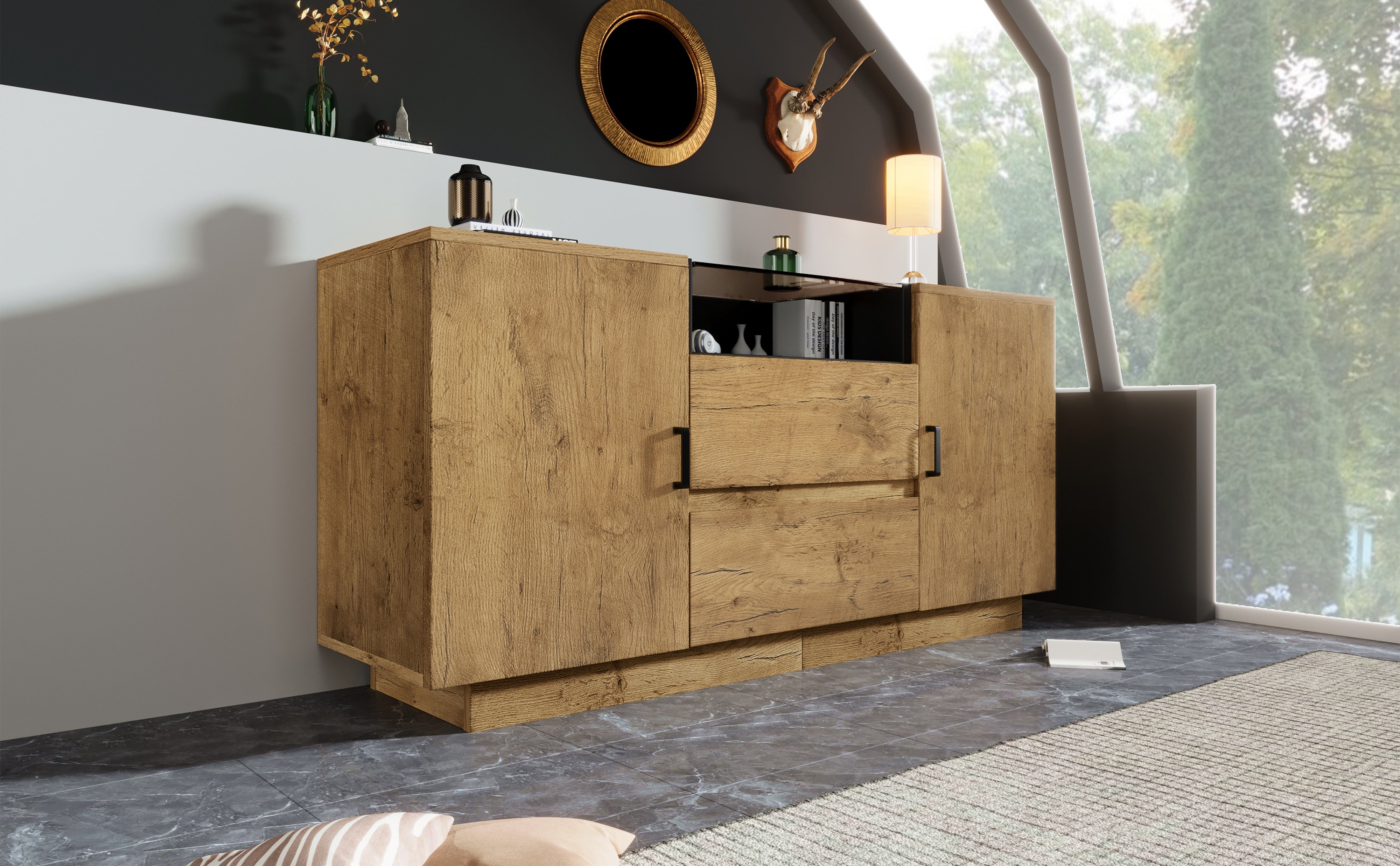 Logidon oak look chest of drawers sideboard 2 drawers 2 cupboards H70