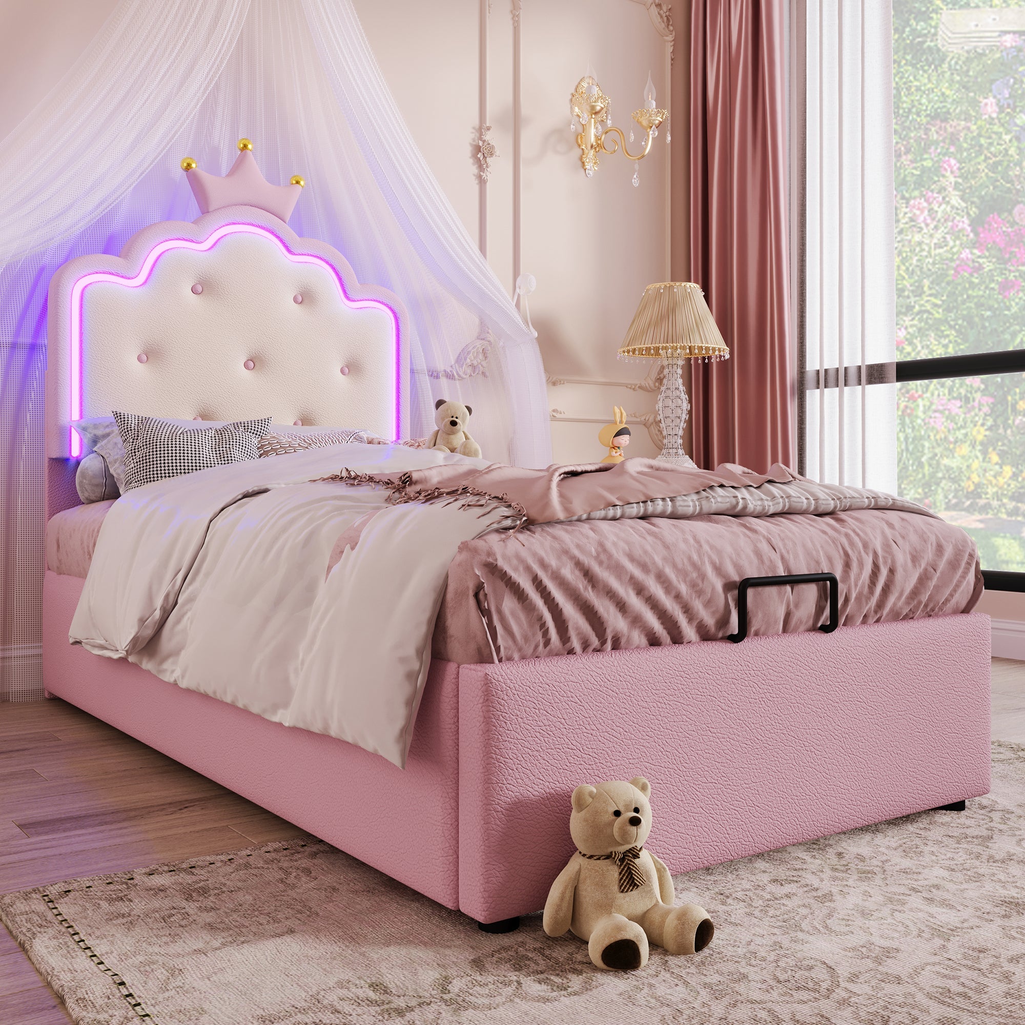 Logidon gestoffeerd bed 90x200 roze met sfeerlicht en opbergruimte
