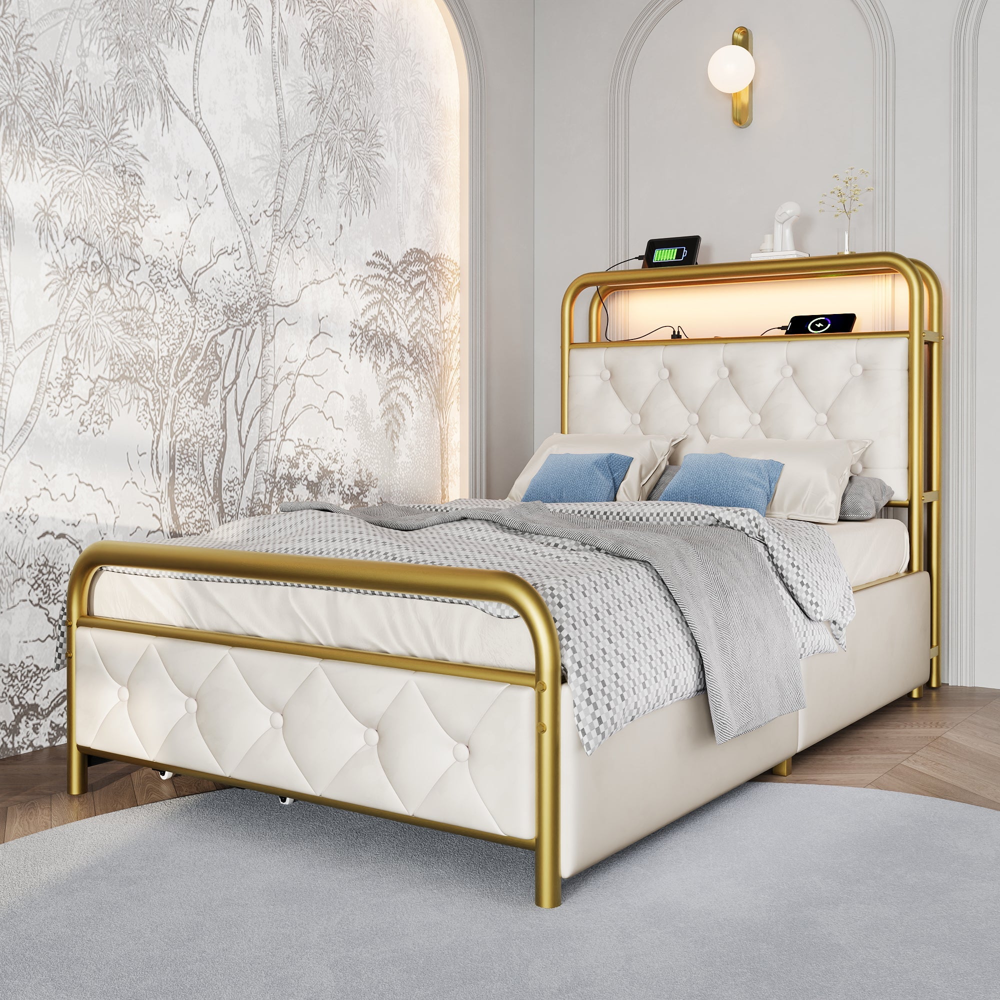 Logidon upholstered bed 90x200 USB C charging function LED white velvet drawers