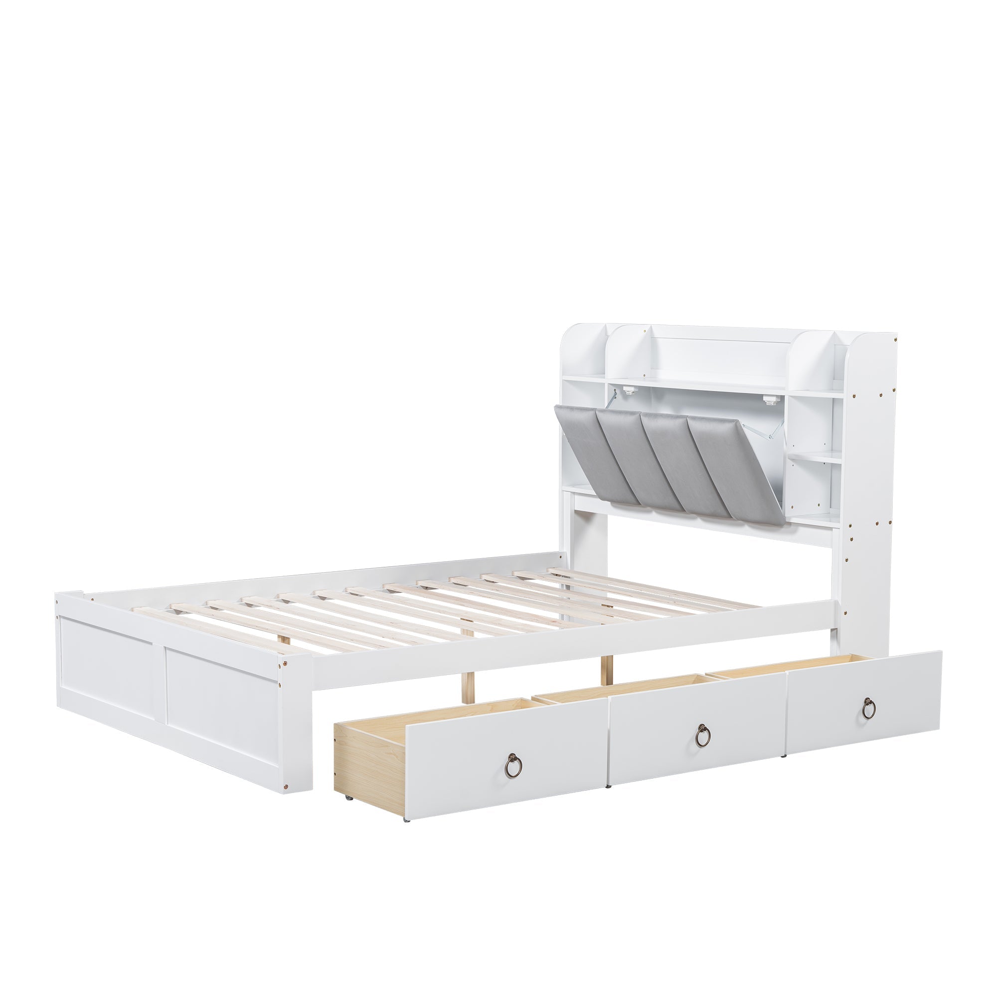Logidon tweepersoonsbed witgrijs 140x200 cm plank drie lades op wielen
