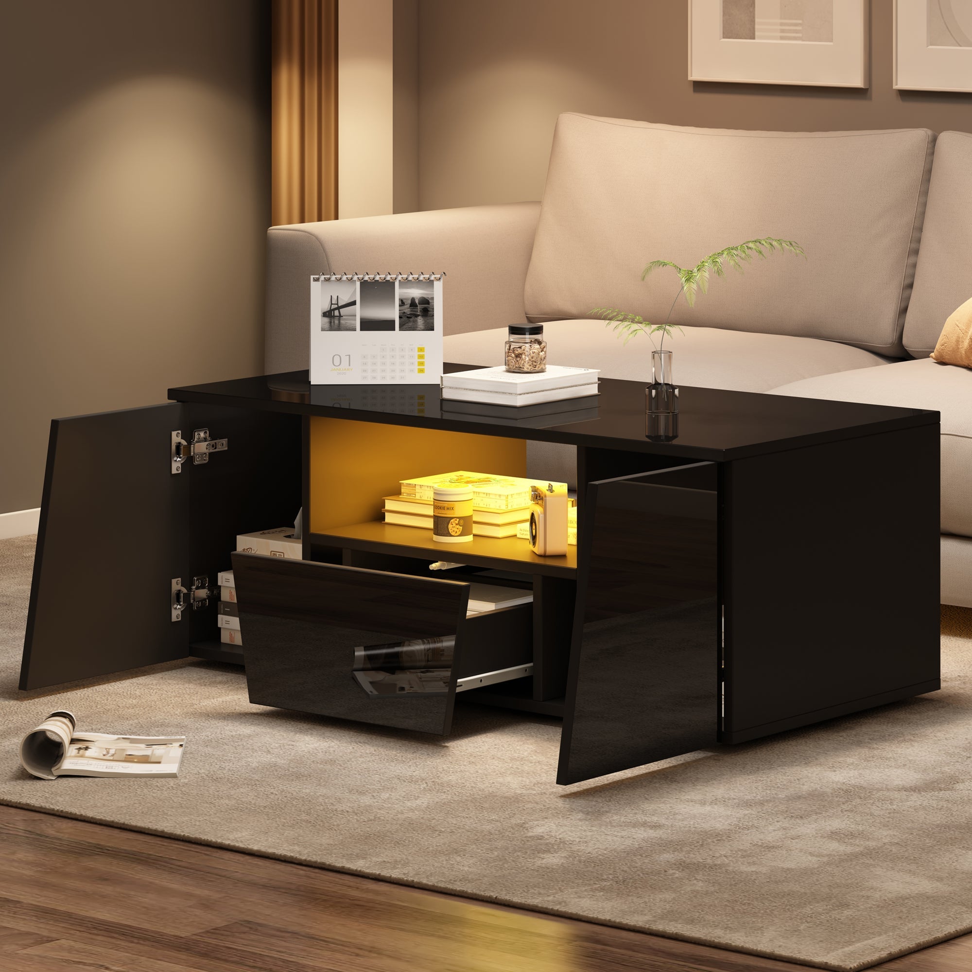 Logidon coffee table 100x50x40 cm black with LED 2 cabinets 1 drawer