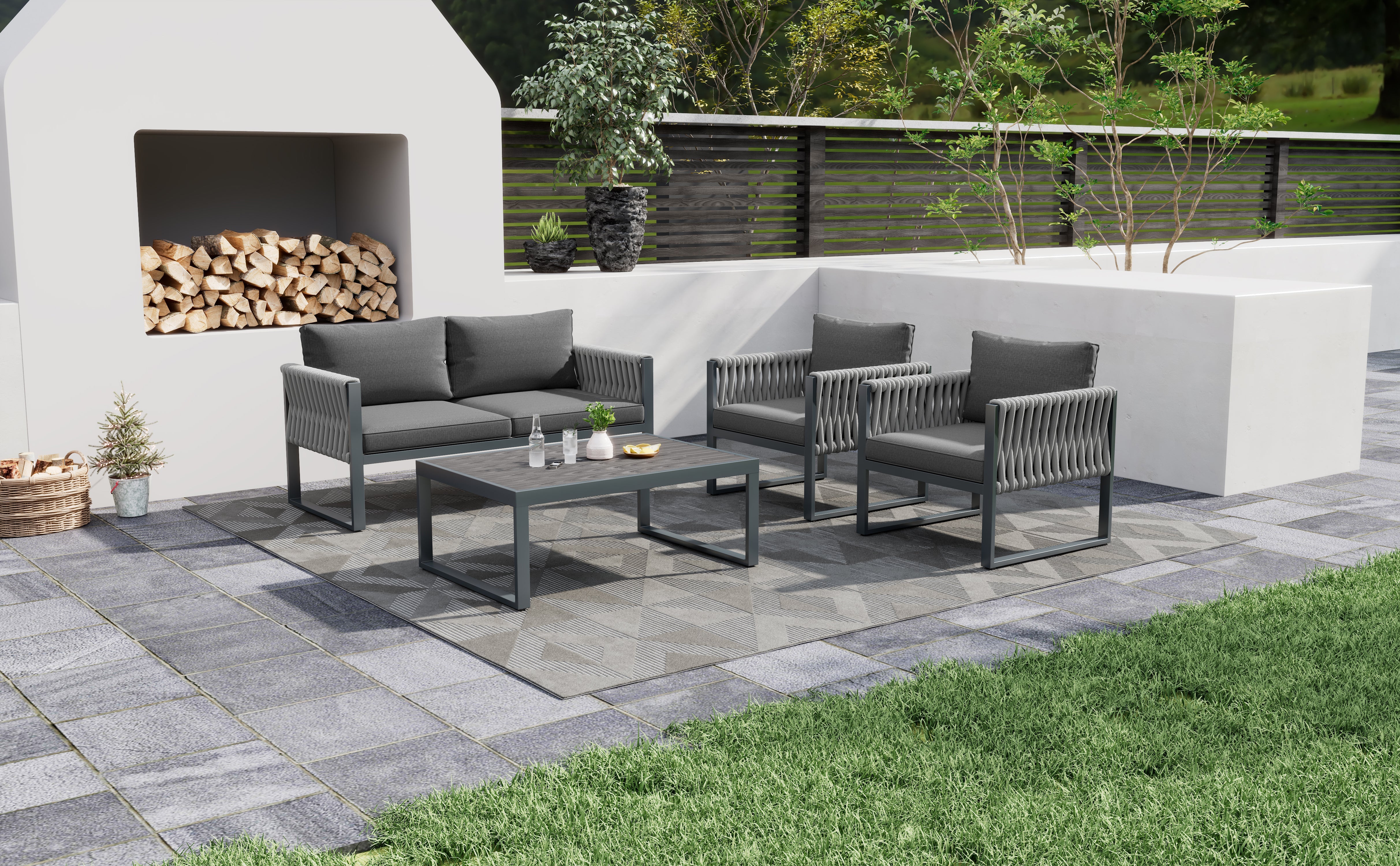 Logidon Tuinloungeset Grijs Touw met Gegalvaniseerd Ijzeren Frame Set van 4