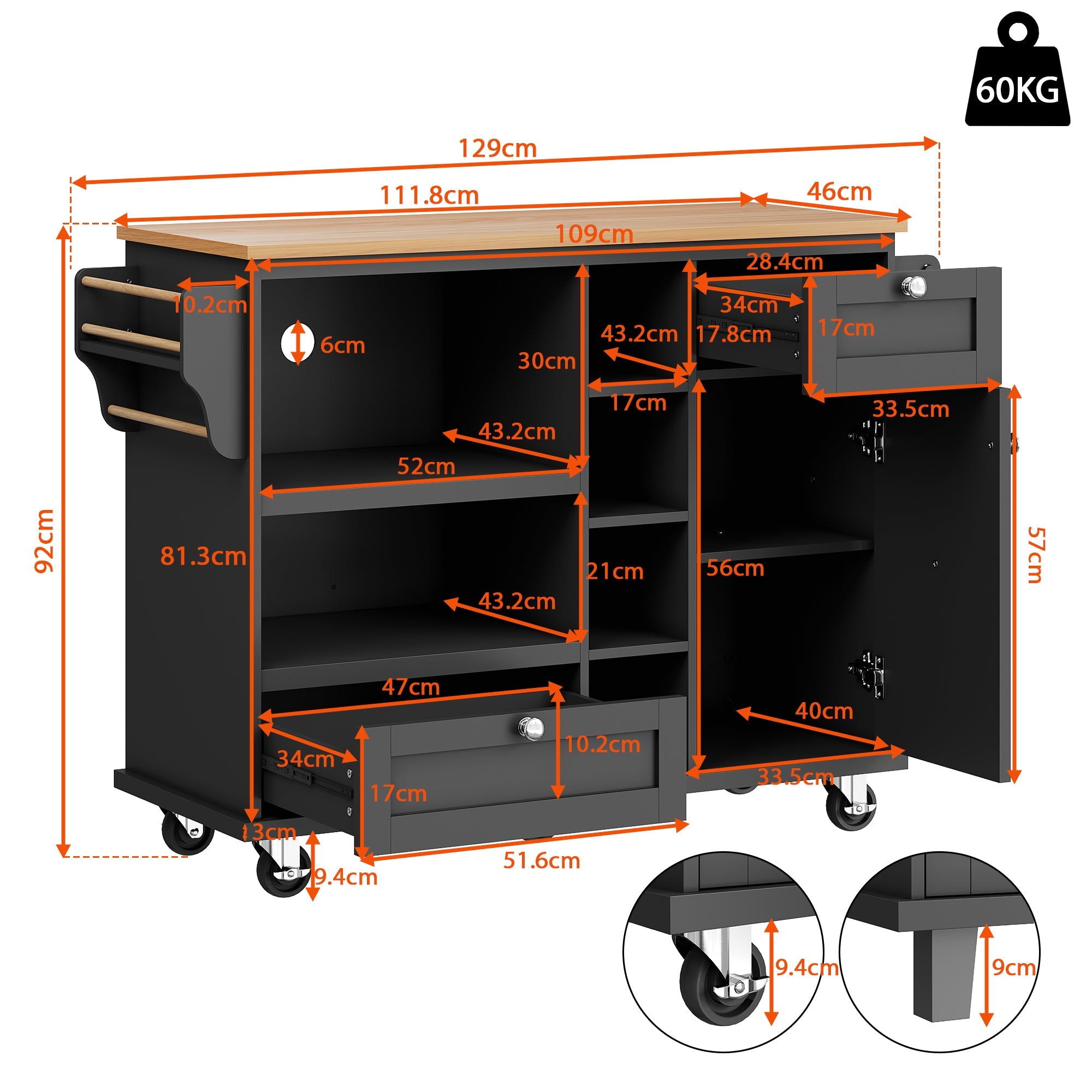 Logidon dining room trolley black with wooden top, drawers and cupboards