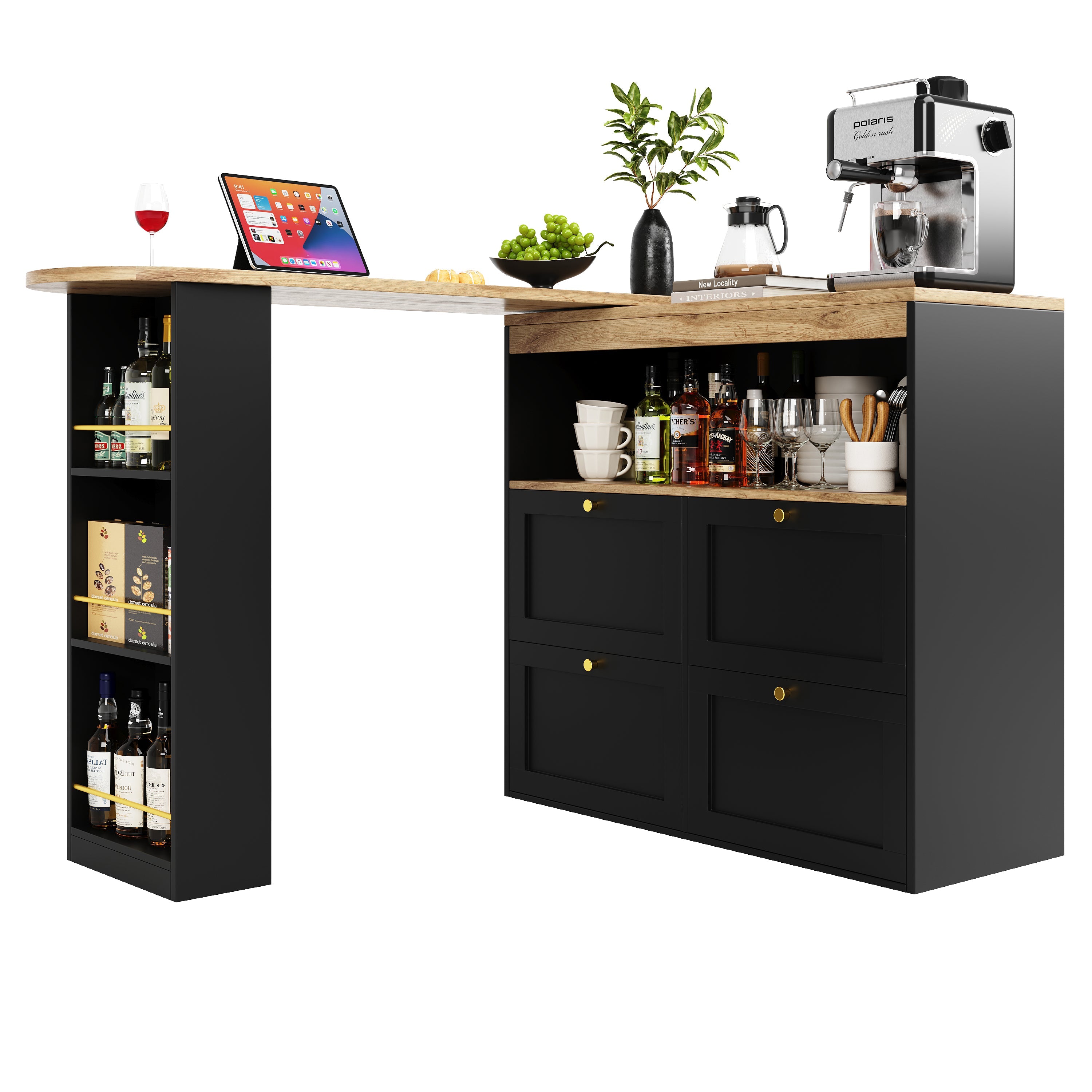 Logidon 360 graden draaibare eetbar zwart 138 cm - 4 lades