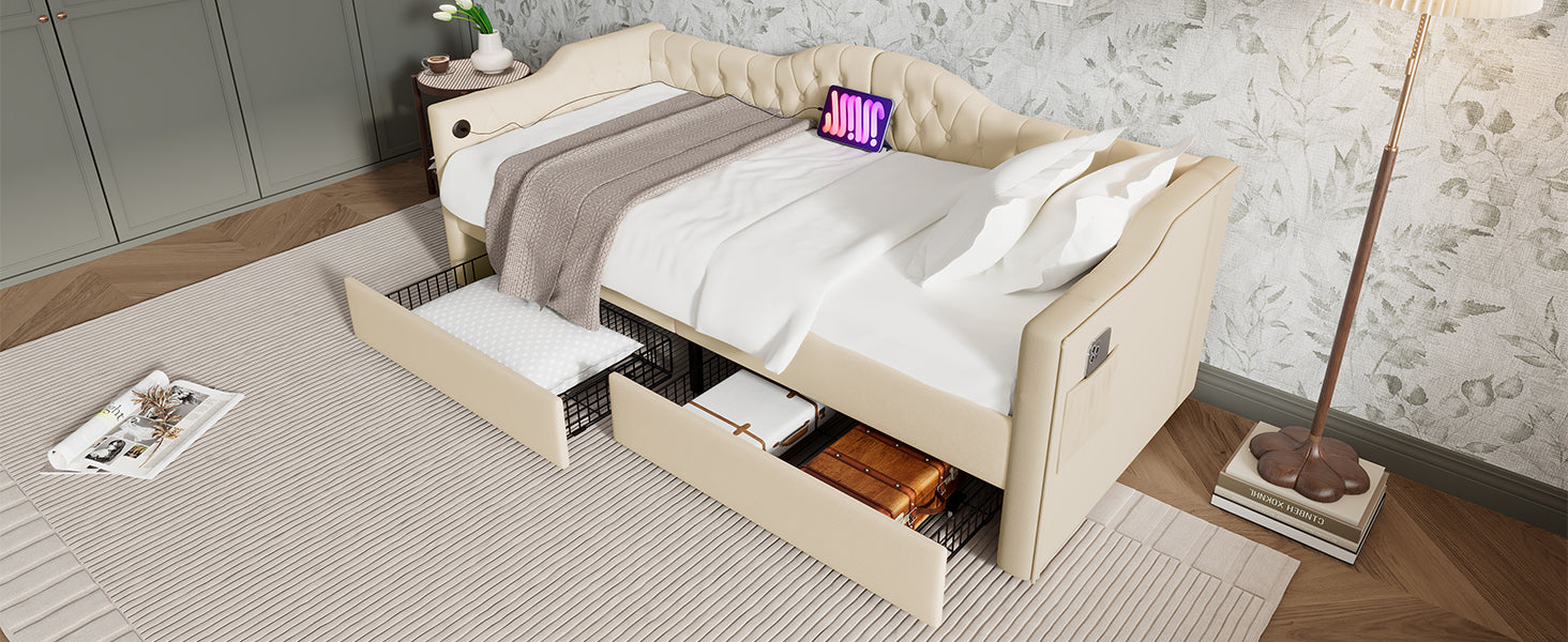 Logidon gestoffeerde slaapbank 90x200 beige USB-oplaadfunctie 2 compartimenten