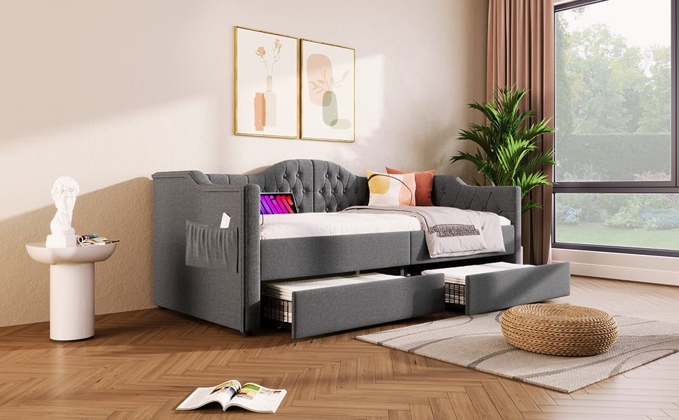 Logidon upholstered daybed 90x200 gray USB-C charging function 2 drawers