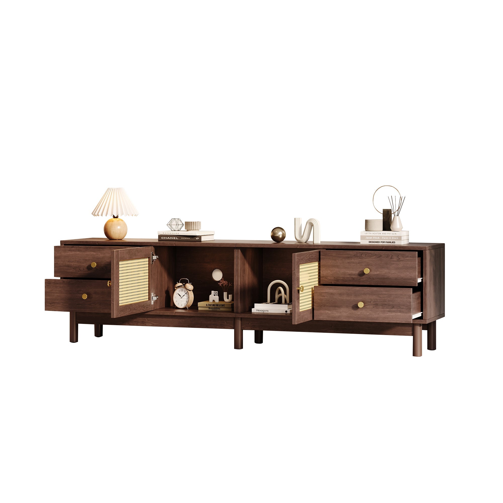 Logidon TV cabinet 180 cm dark wood look rattan doors cable management