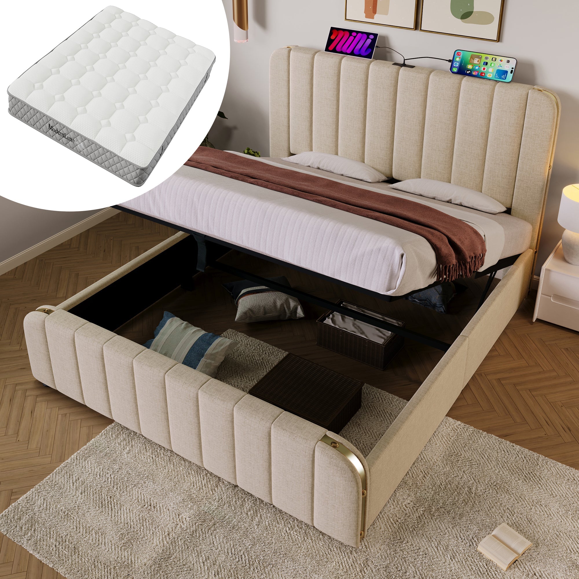 Logidon upholstered bed 140x200 golden decorative stripes headboard beige