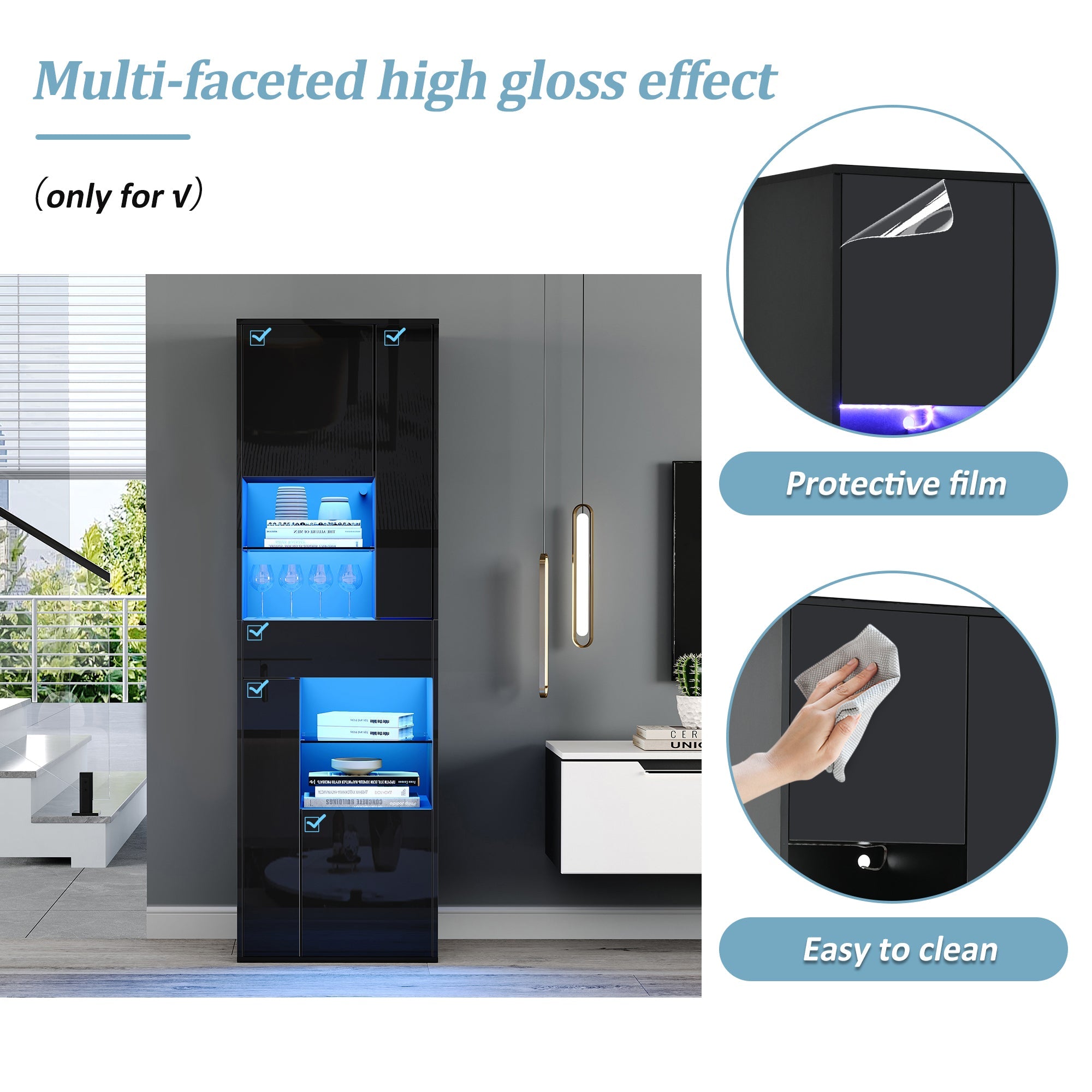 Logidon zwarte hoogglans glazen vitrine 55 x 38 x 170 cm LED-verlichting
