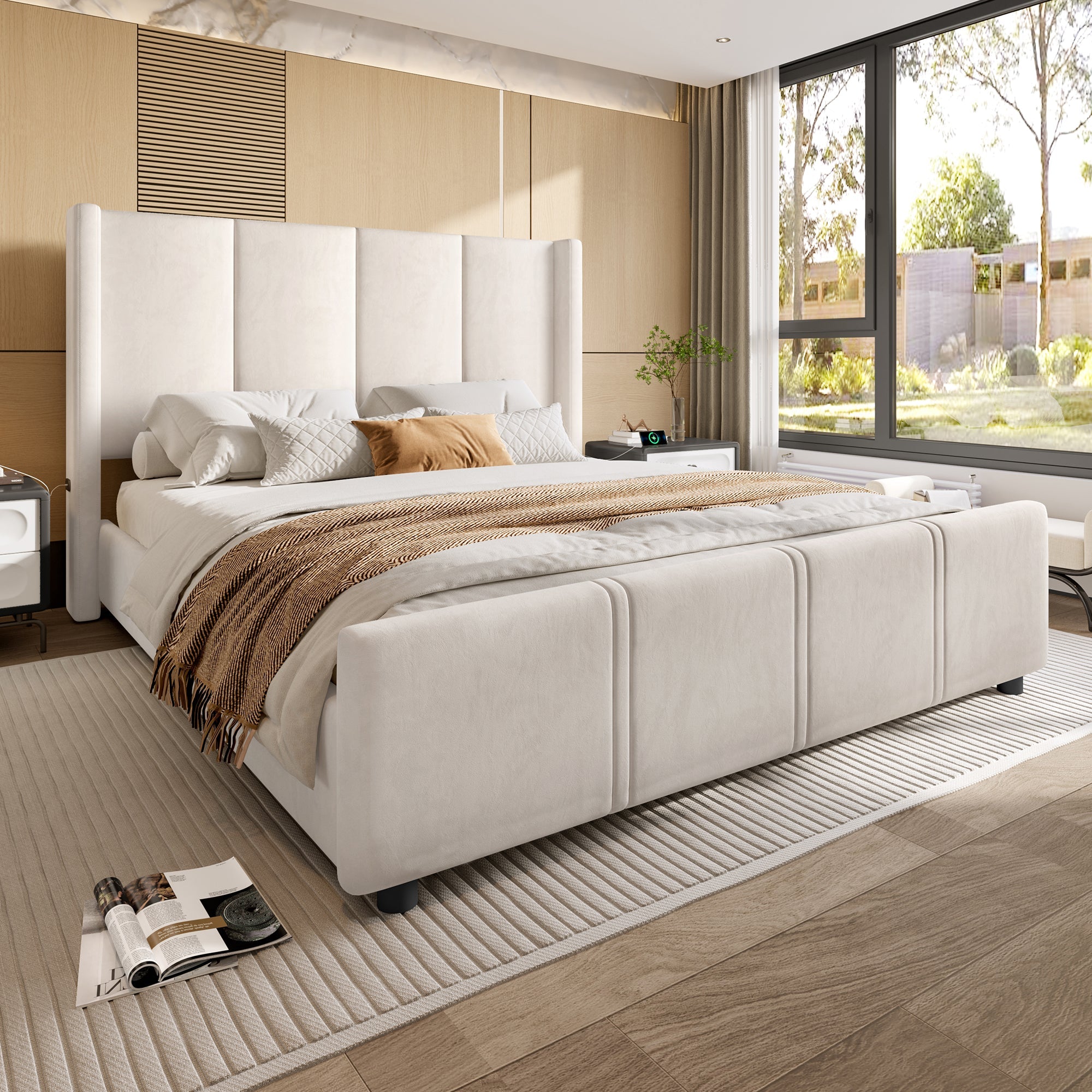 Logidon stoffen bedframe 140x190 beige velours USB-aansluiting