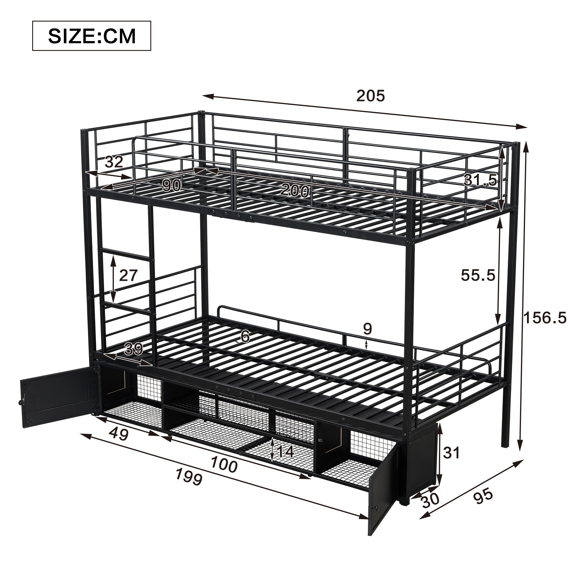 Logidon stapelbed ijzeren frame zwart 90x200 cm met schoenenrek