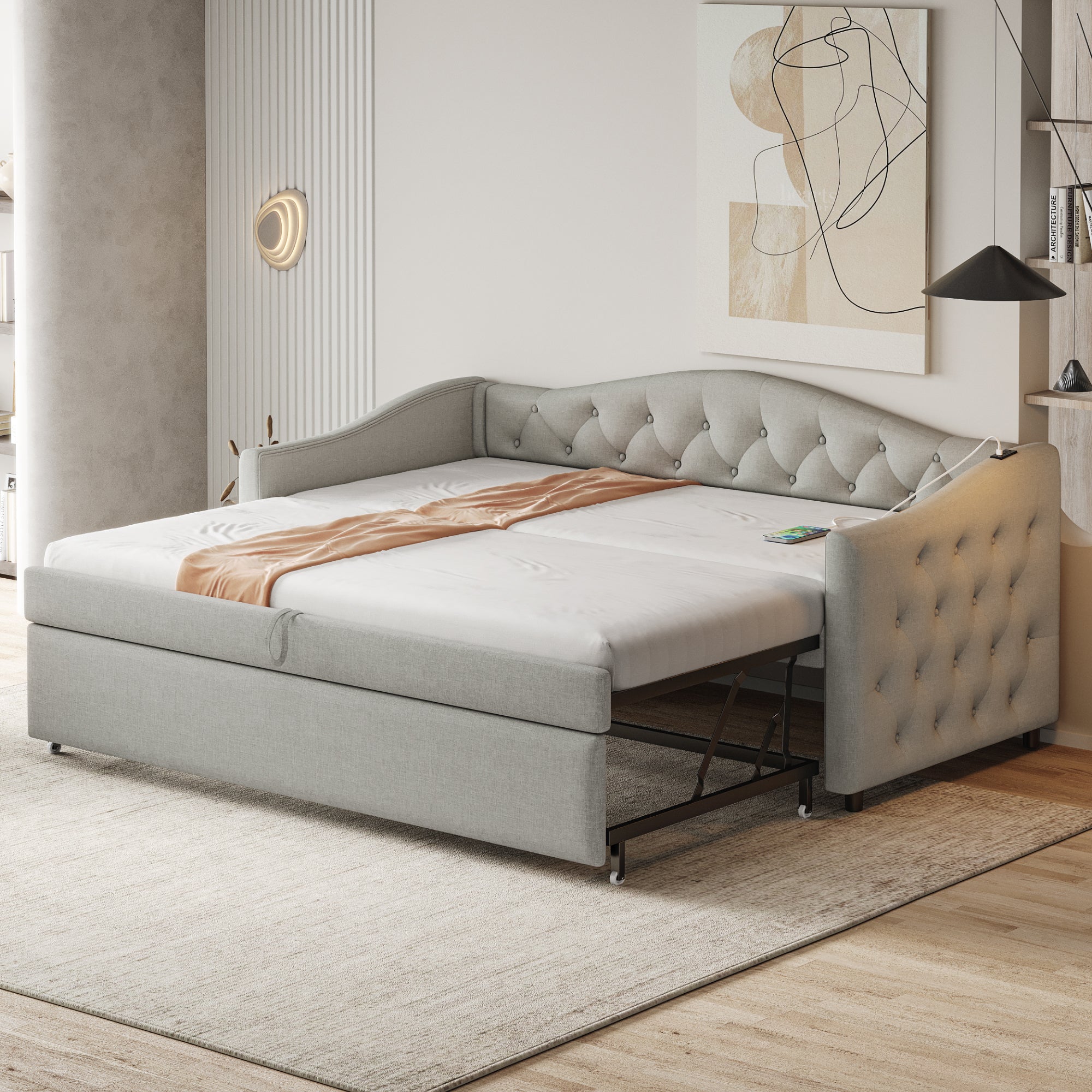 Logidon Upholstered Bed Extendable Sofa Bed 90x200 Gray Linen Fabric USB