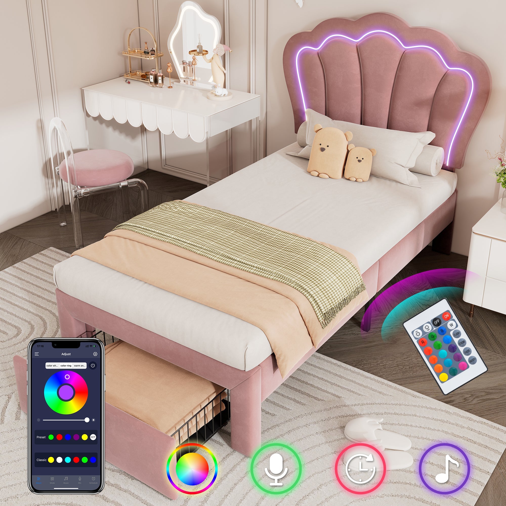 Logidon Kinderbed LED 90x200 Roze met Laden App Bediening