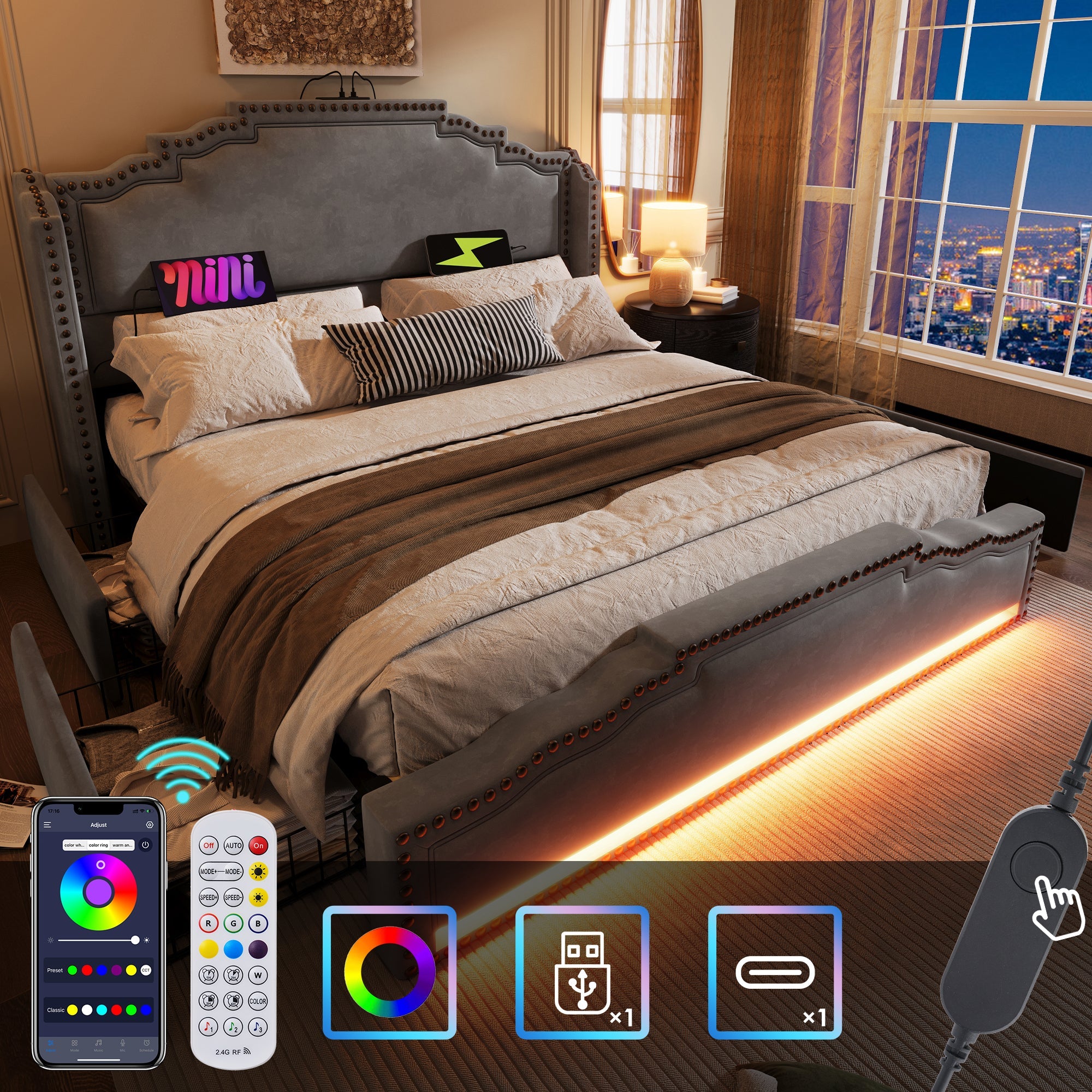 Logidon gestoffeerd bed 140x200 fluweelgrijs met 4 oplaad-LED-lampjes USB C