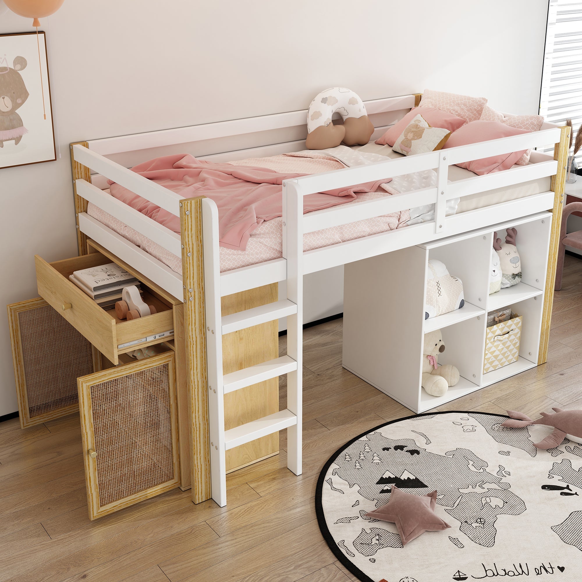 Logidon kinderhoogslaper 90x200 cm naturel wit met opbergruimte