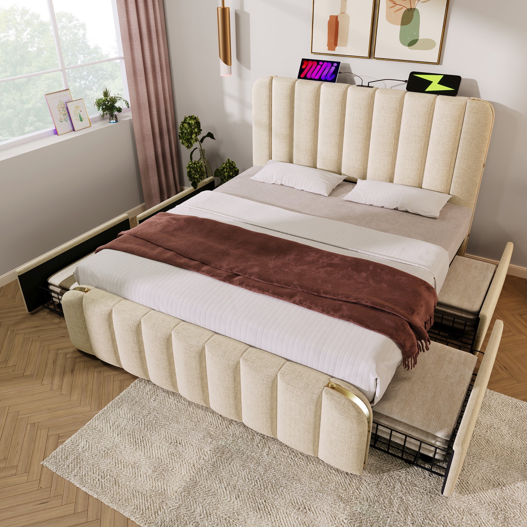Logidon gestoffeerd bed 160x200 beige linnen USB C oplaadfunctie