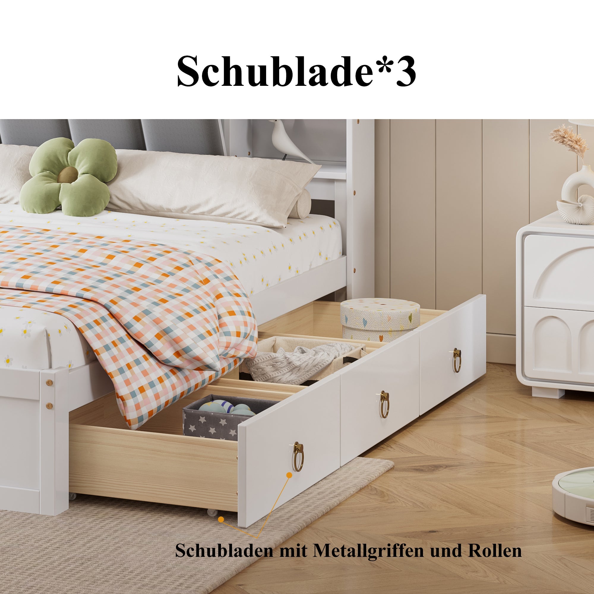 Logidon tweepersoonsbed 160x200 witgrijs, open plank en drie lades