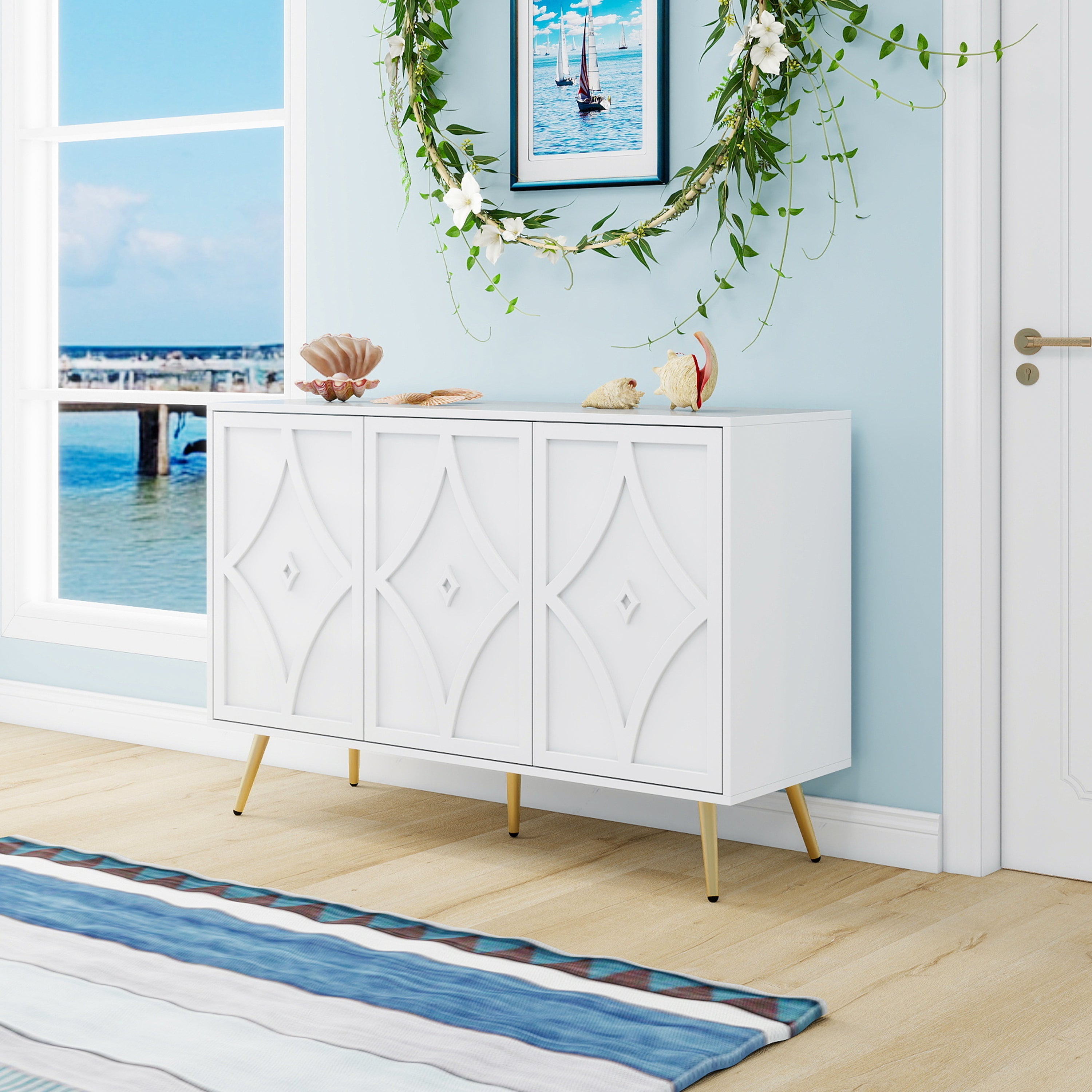 Logidon dressoir 3 deuren wit met 3D-snijpatroon en gouden poten