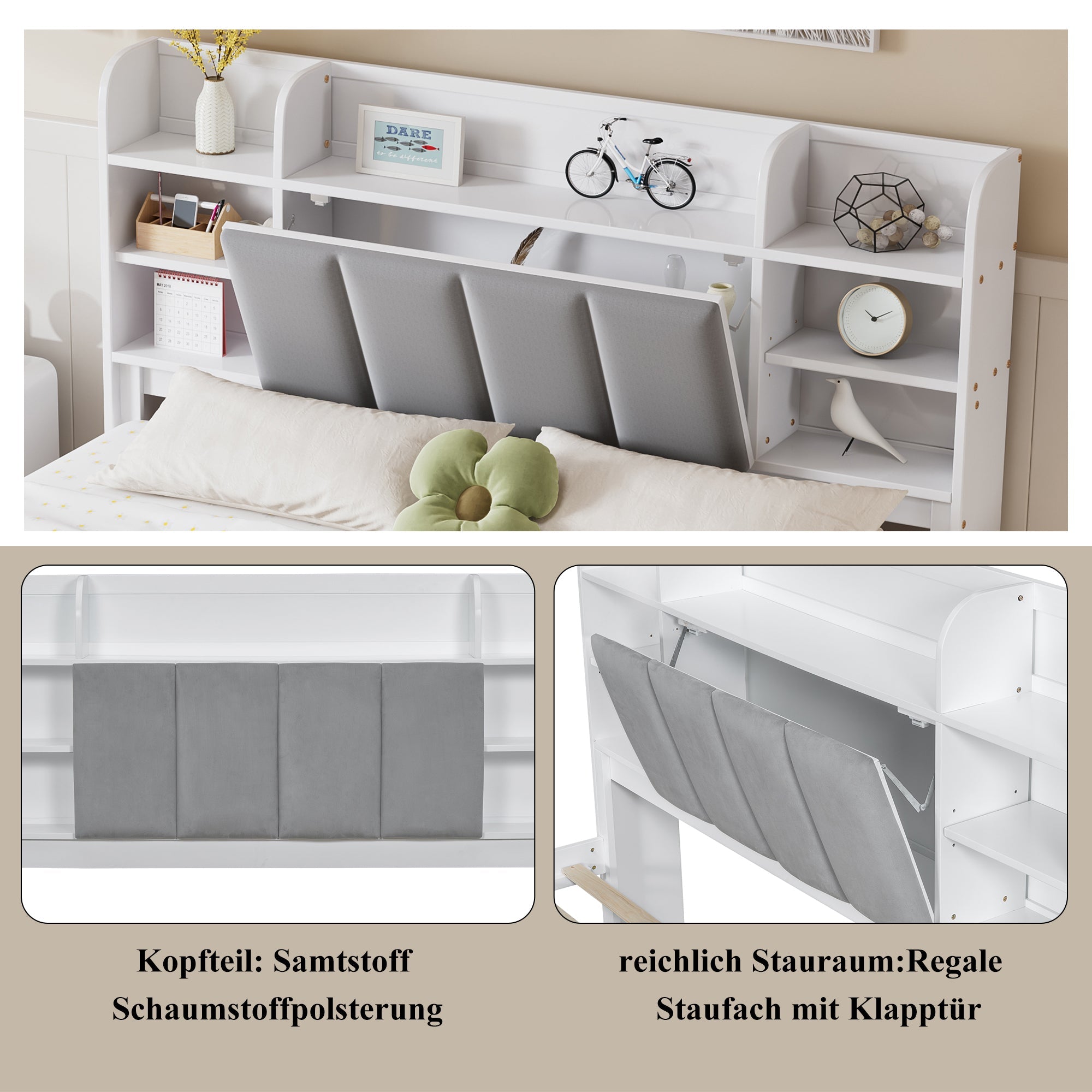 Logidon tweepersoonsbed 160x200 witgrijs, open plank en drie lades