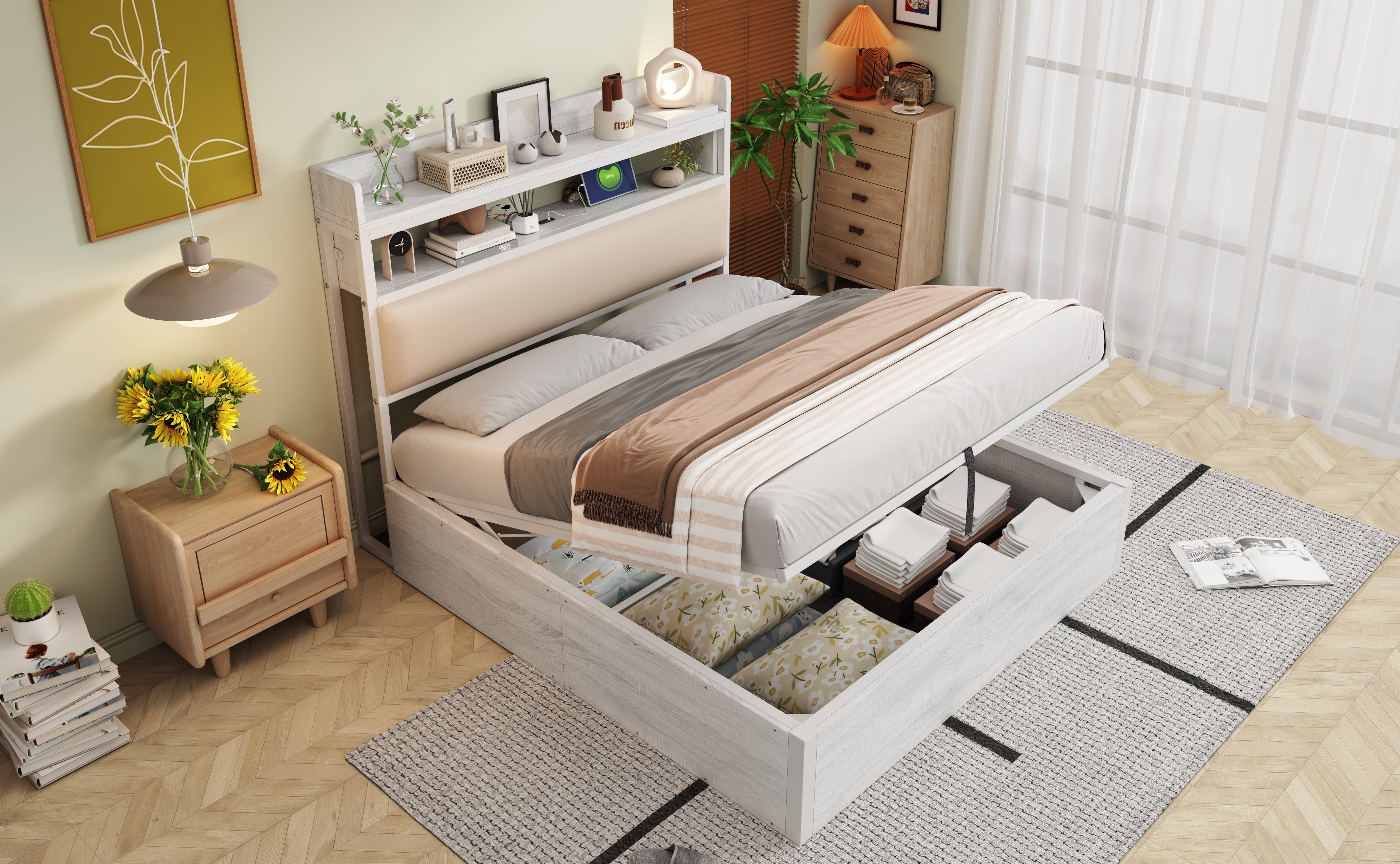 Logidon bedframe 140x200 cm met hydraulische opbergruimte USB hoofdbord wit