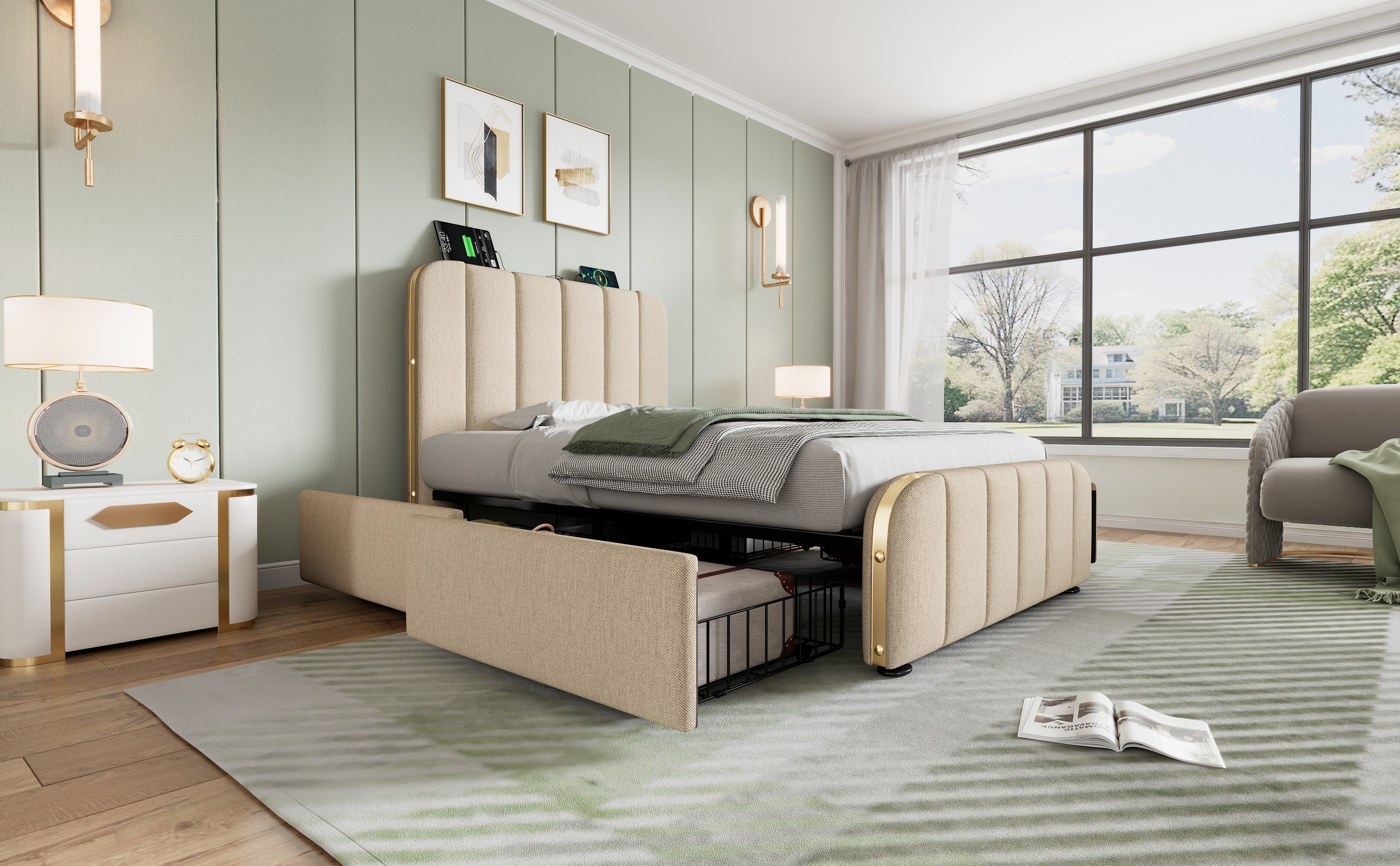 Logidon gestoffeerd bed 90x200 beige USB Type C oplaadfunctie 4 lades