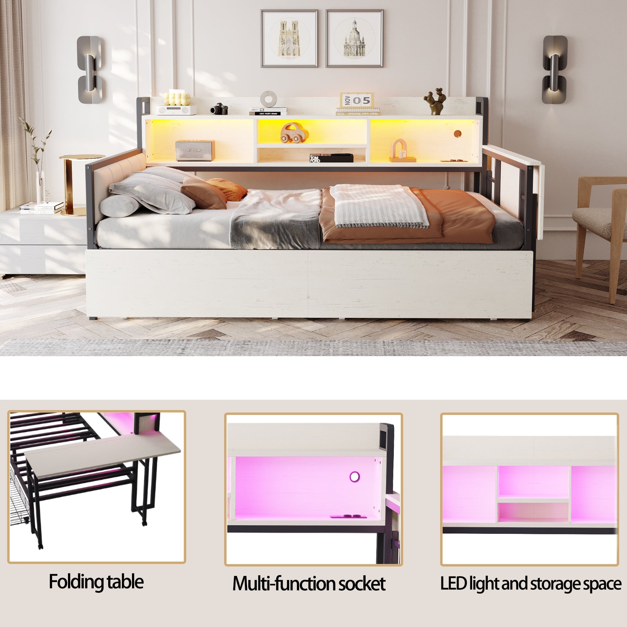 Logidon ijzeren slaapbank 90x200 cm met LED-verlichting opbergruimte wit