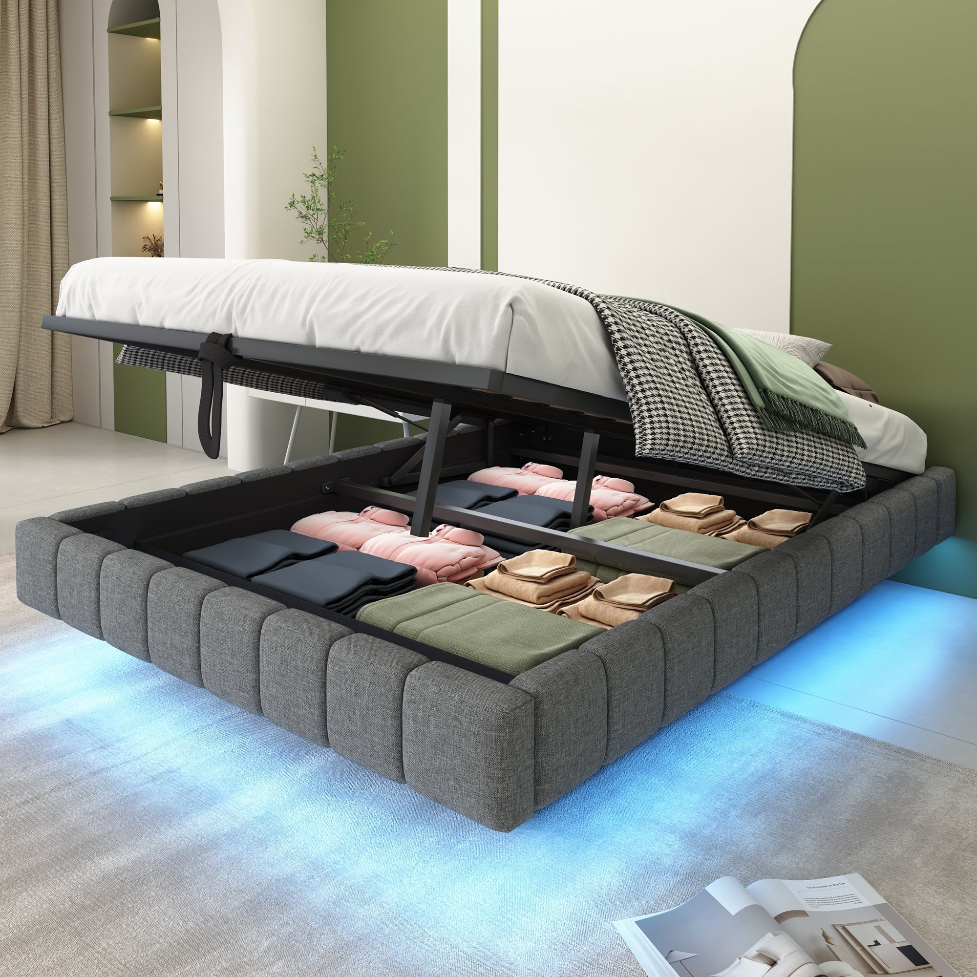 Logidon gestoffeerd bed 140x200 cm met opbergruimte LED licht linnengrijs