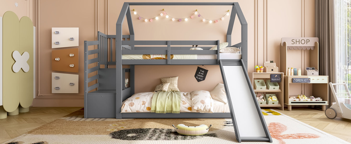 Logidon stapelbed grijs 90x200 met opbergtrap en glijbaan