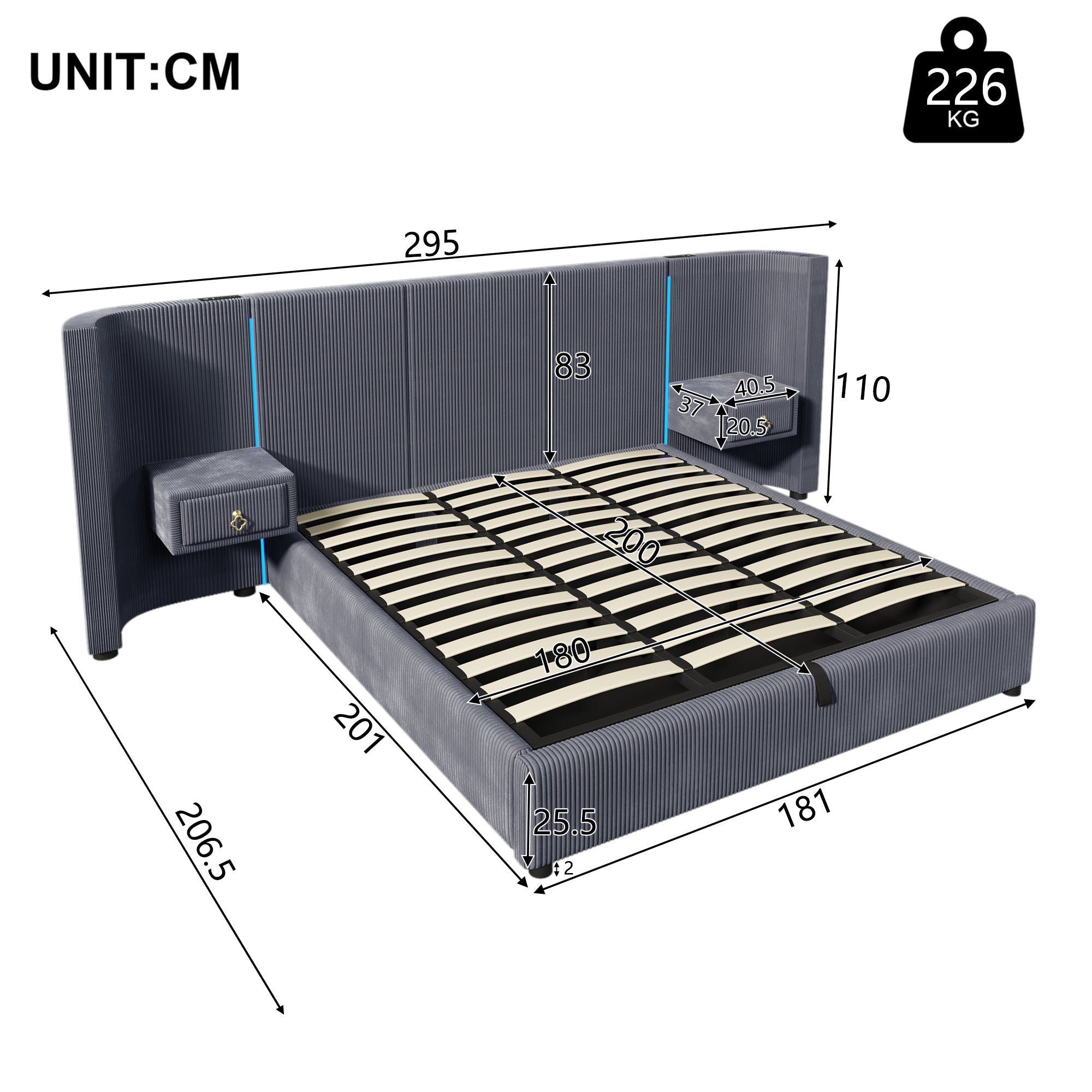 Logidon gestoffeerd bed 180x200 cm grijs fluweel met LED-strip opbergruimte