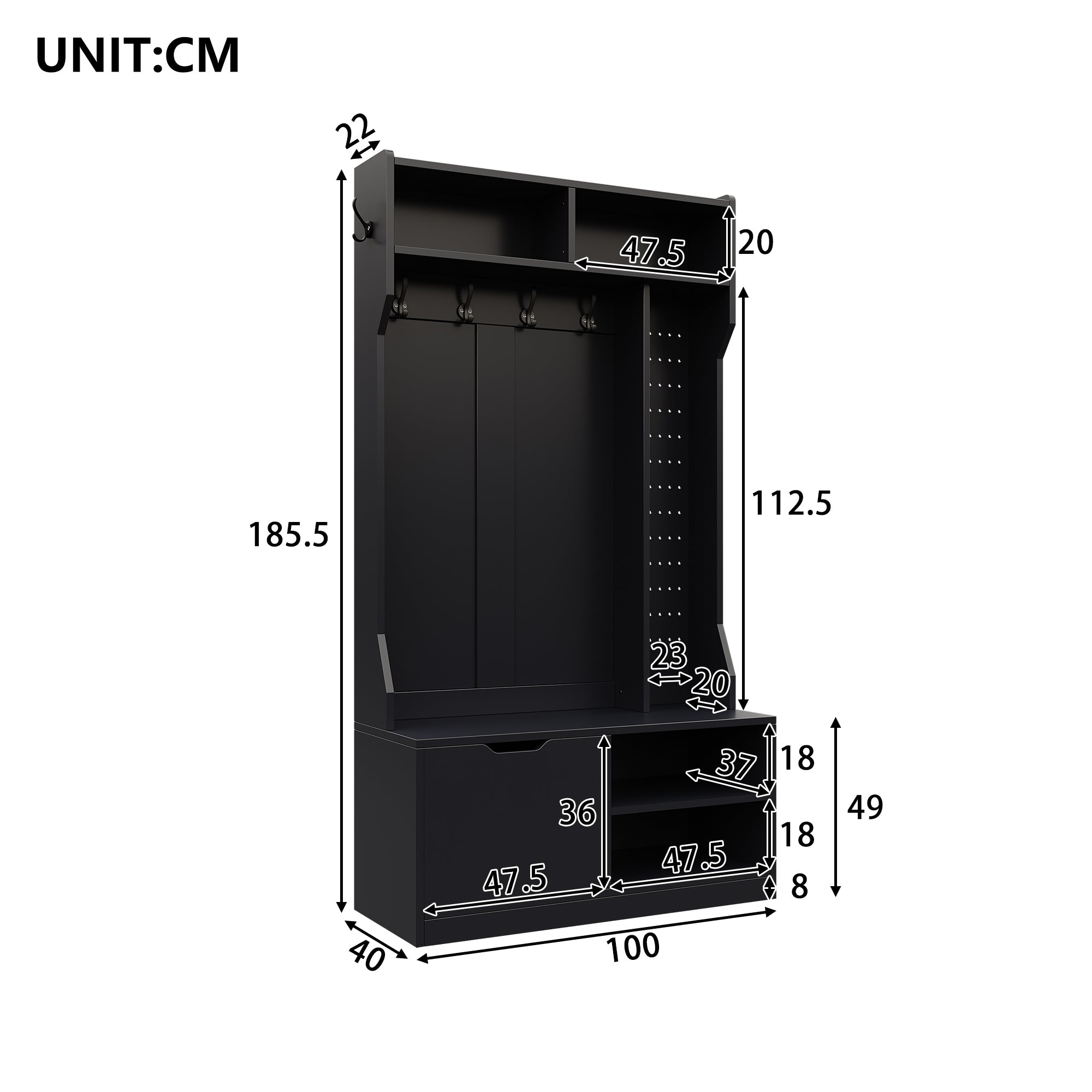 Logidon kledingkastset zwart 100x185,5x40 cm met bank 6 haken