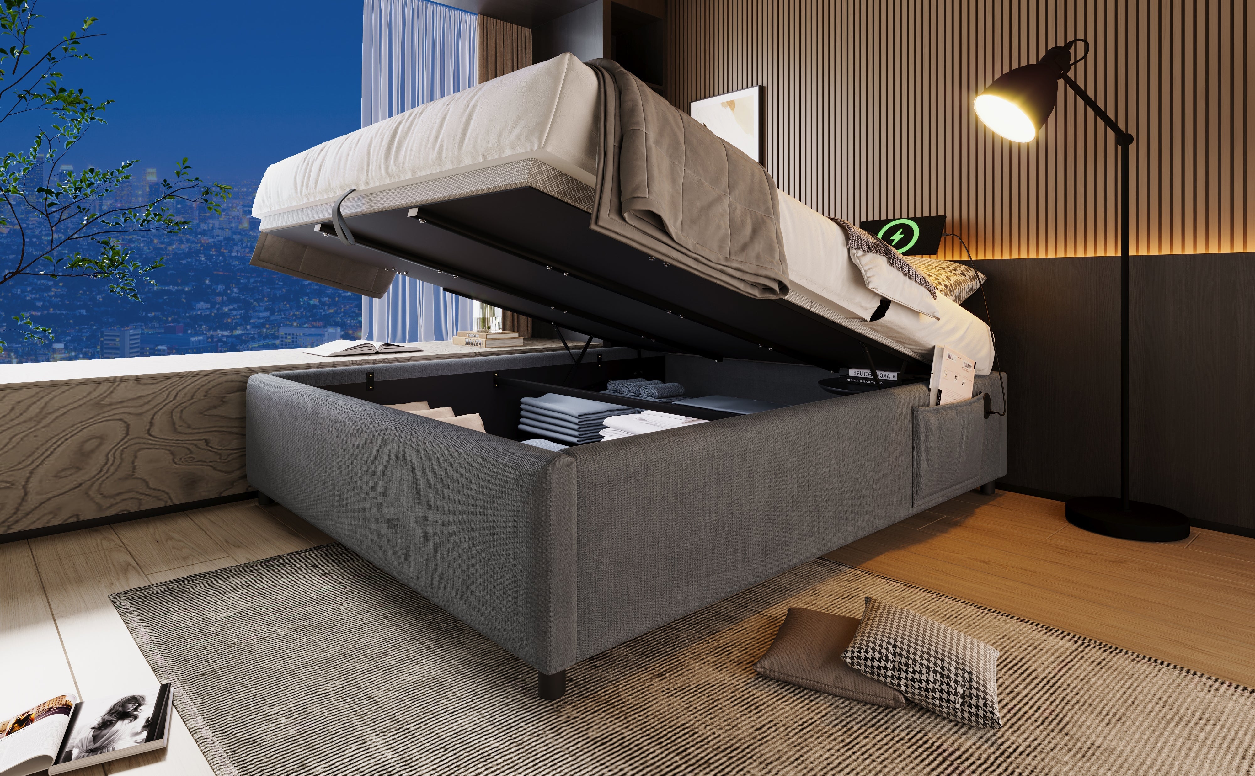 Logidon upholstered bed 160x200 gray with USB C and full-surface slatted frame