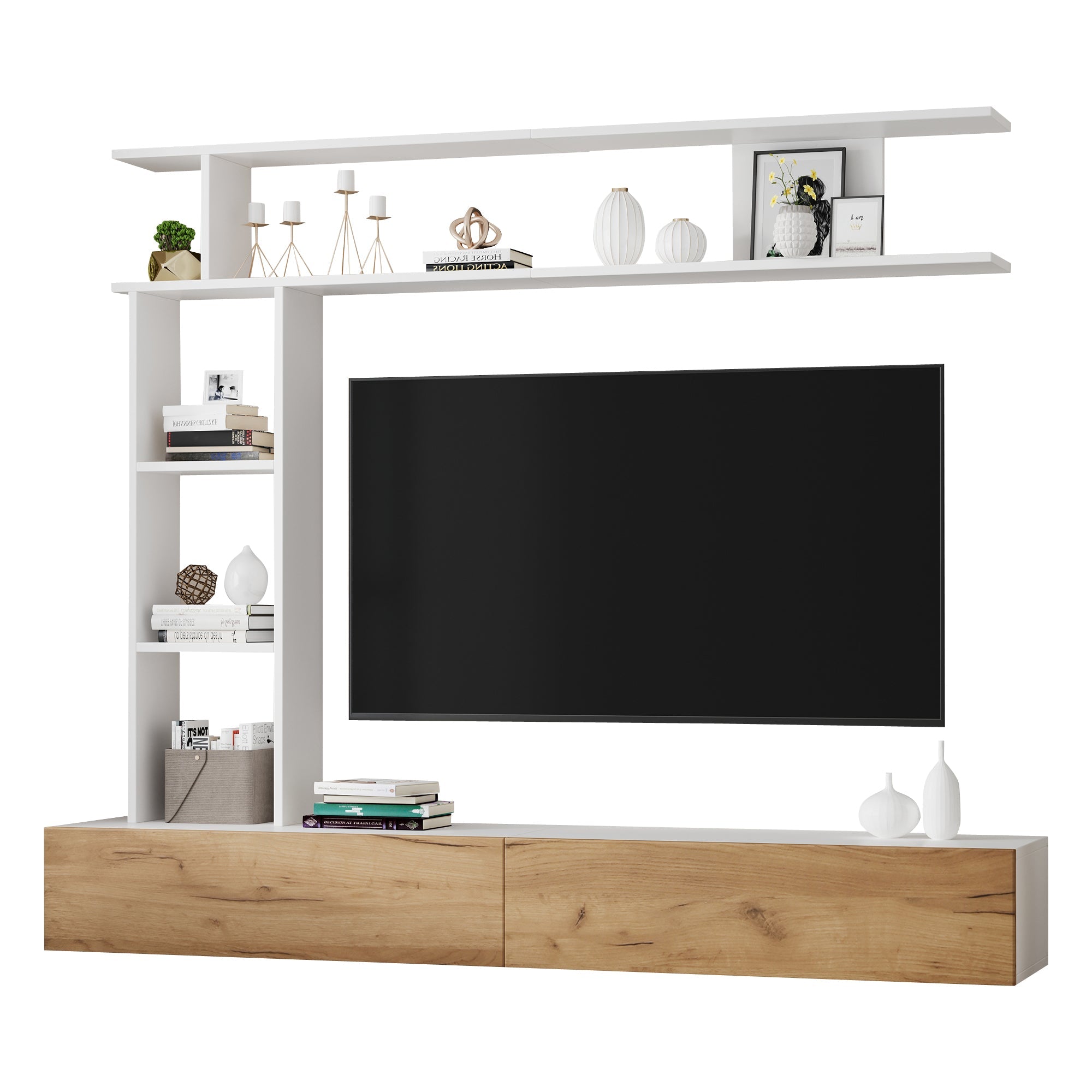 Logidon TV wandmeubel 180 cm wit houtlook met vitrinekasten