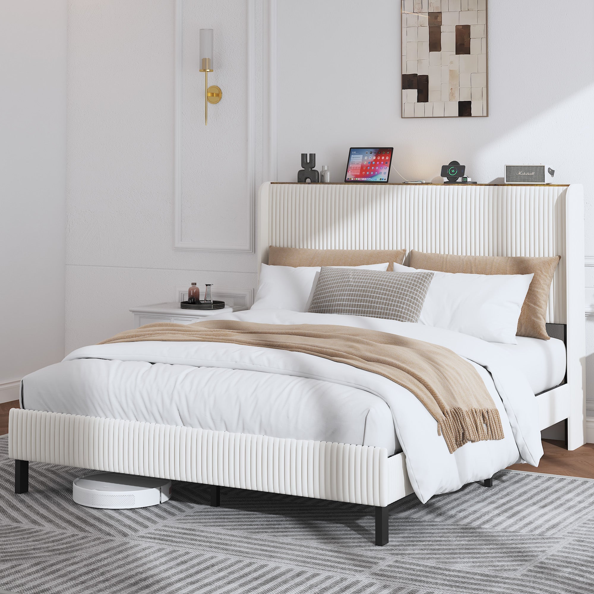 Logidon bedframe 160x200 gewatteerd platformbed, hoofdeinde van beige stof
