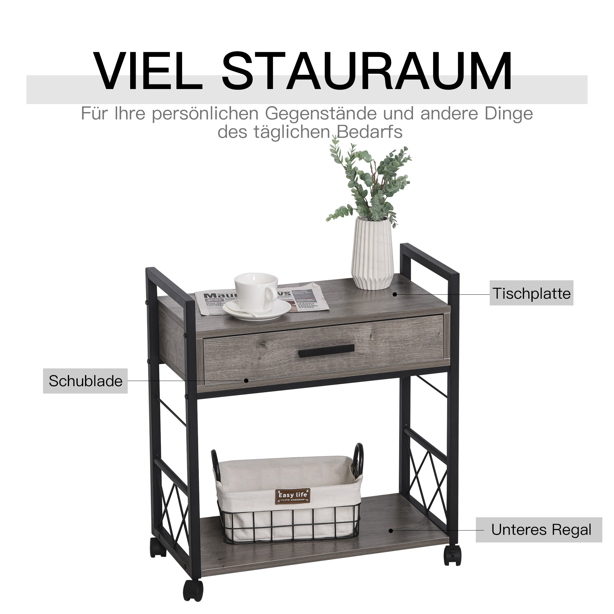 Logidon bijzettafel serveerwagen grijs met wielen 60x30x65cm