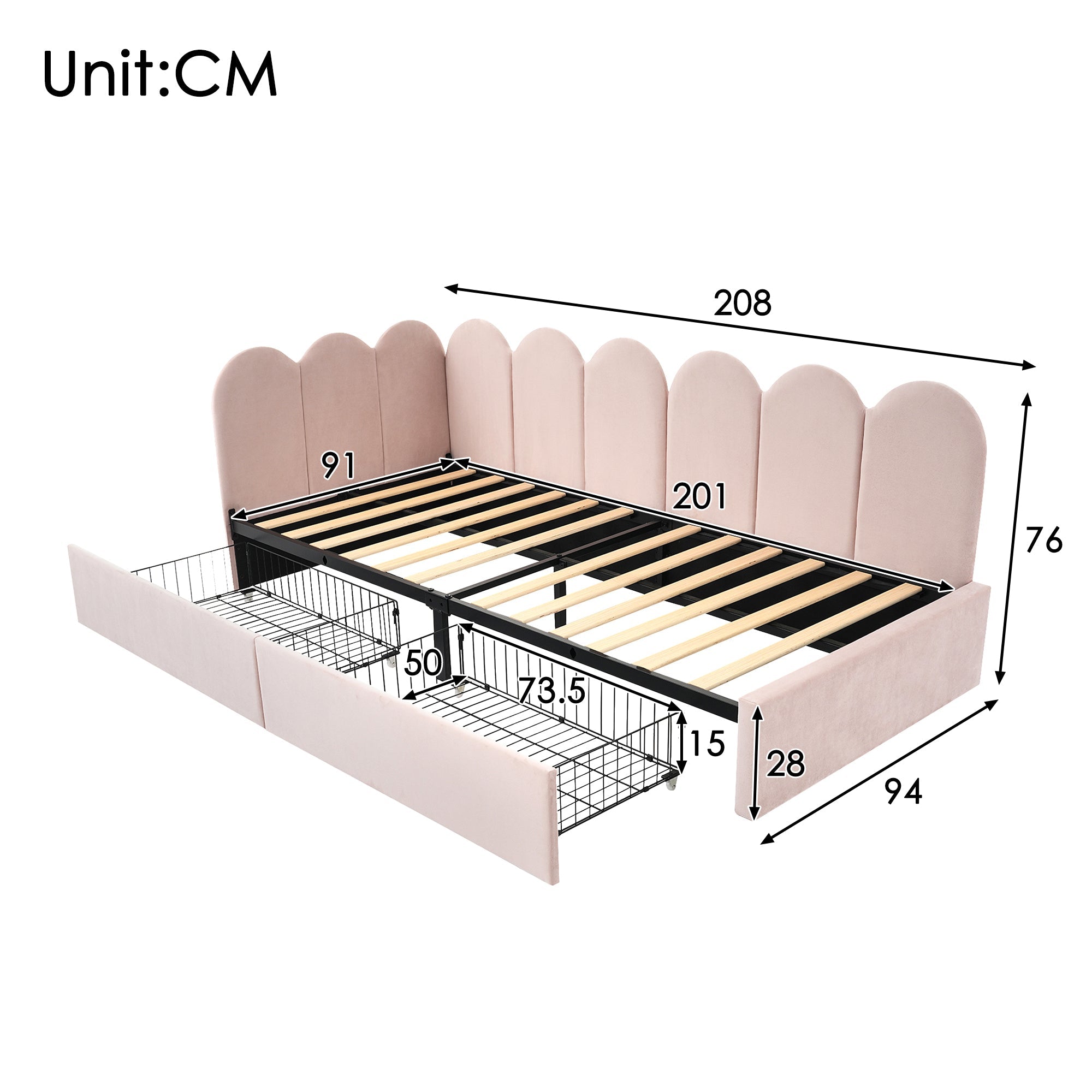 Logidon gestoffeerd bed 90x200 roze fluweel dagbed met lades