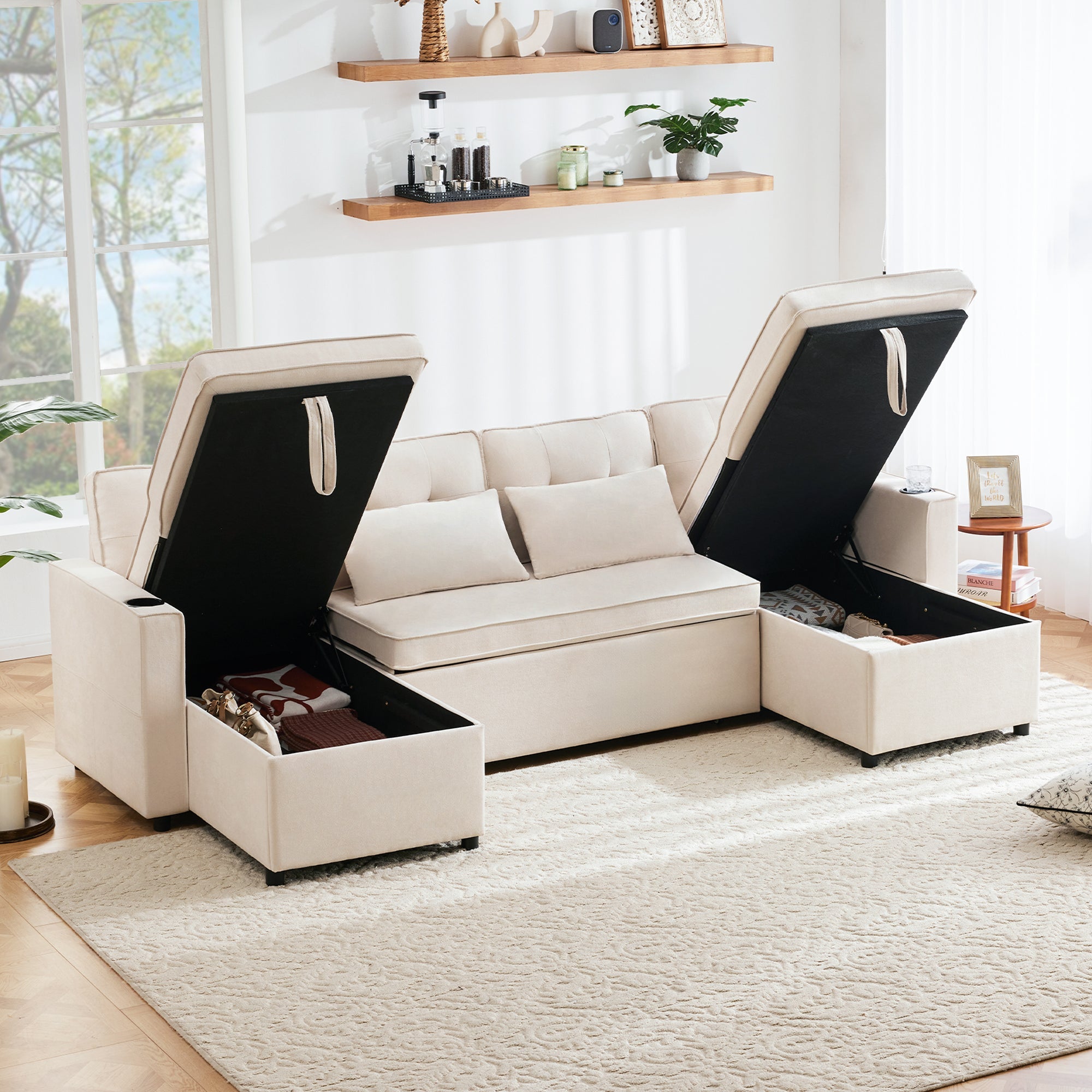 Logidon U-vormige slaapbank, beige stof, grote 4-zits bekerhouder