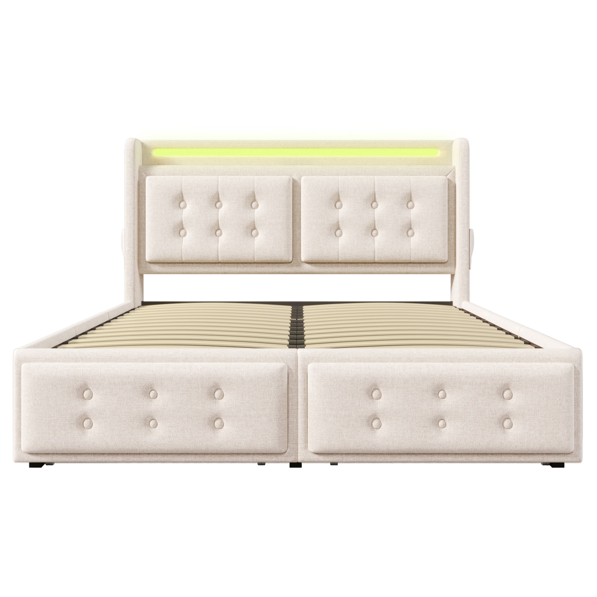 Logidon gestoffeerd bed 160x200 beige LED hoofdbord USB C oplaadfunctie 4 lades