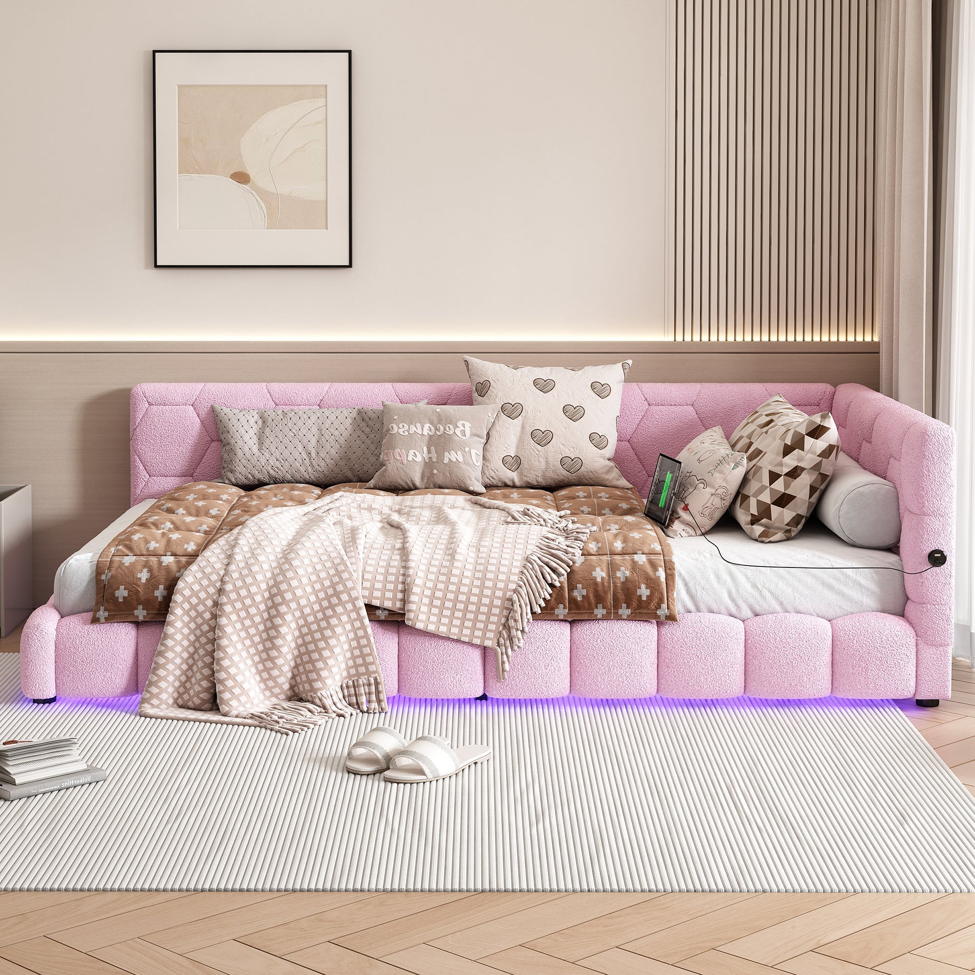 Logidon Daybed 90x200 roze slaapbank met USB TypeC lichte kleuren