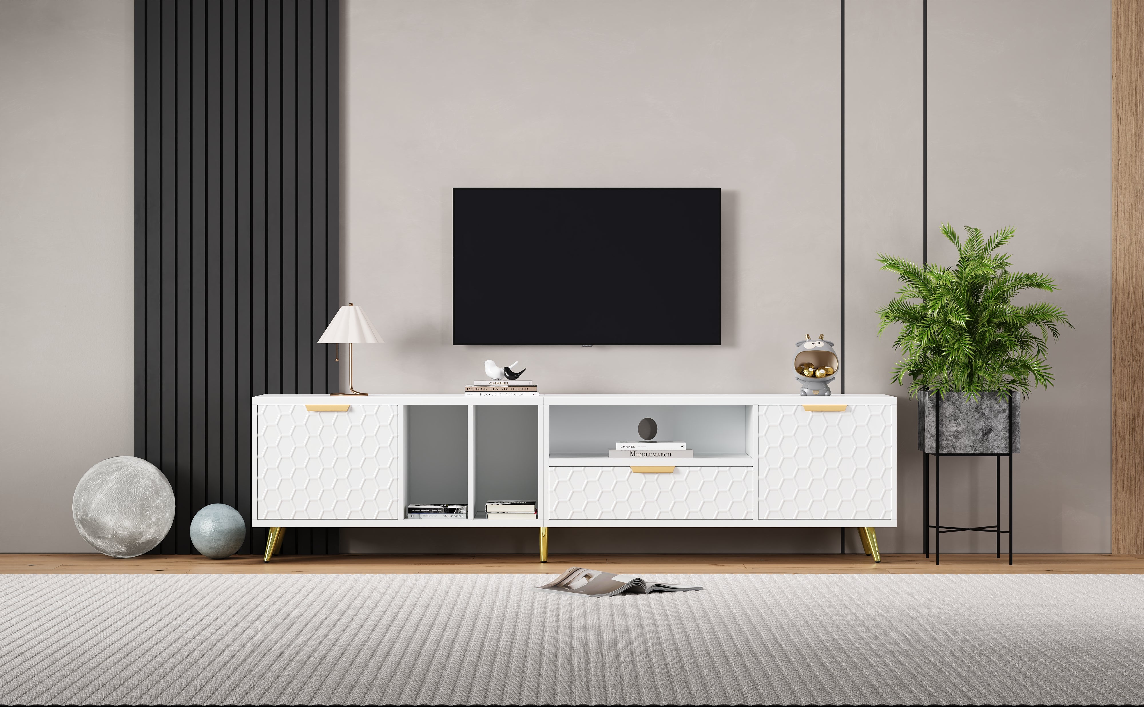 Logidon White TV Stand with Honeycomb Pattern and Storage Space for up to 80 Inches