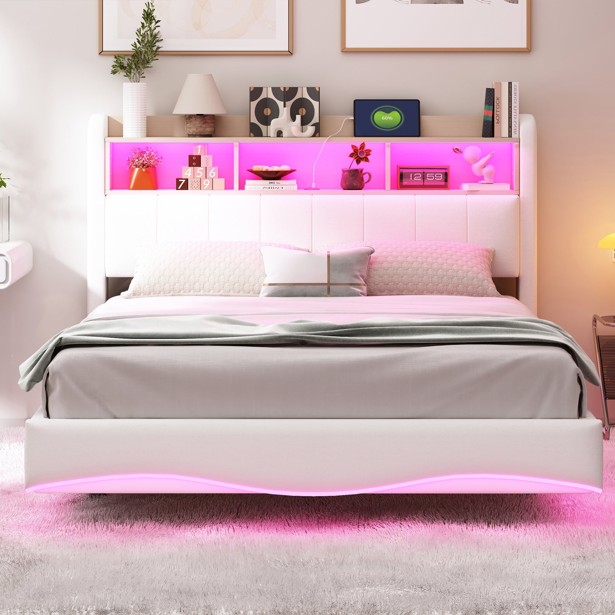 Logidon gestoffeerd bed 140x200 beige met LED-licht USB type C opbergruimte
