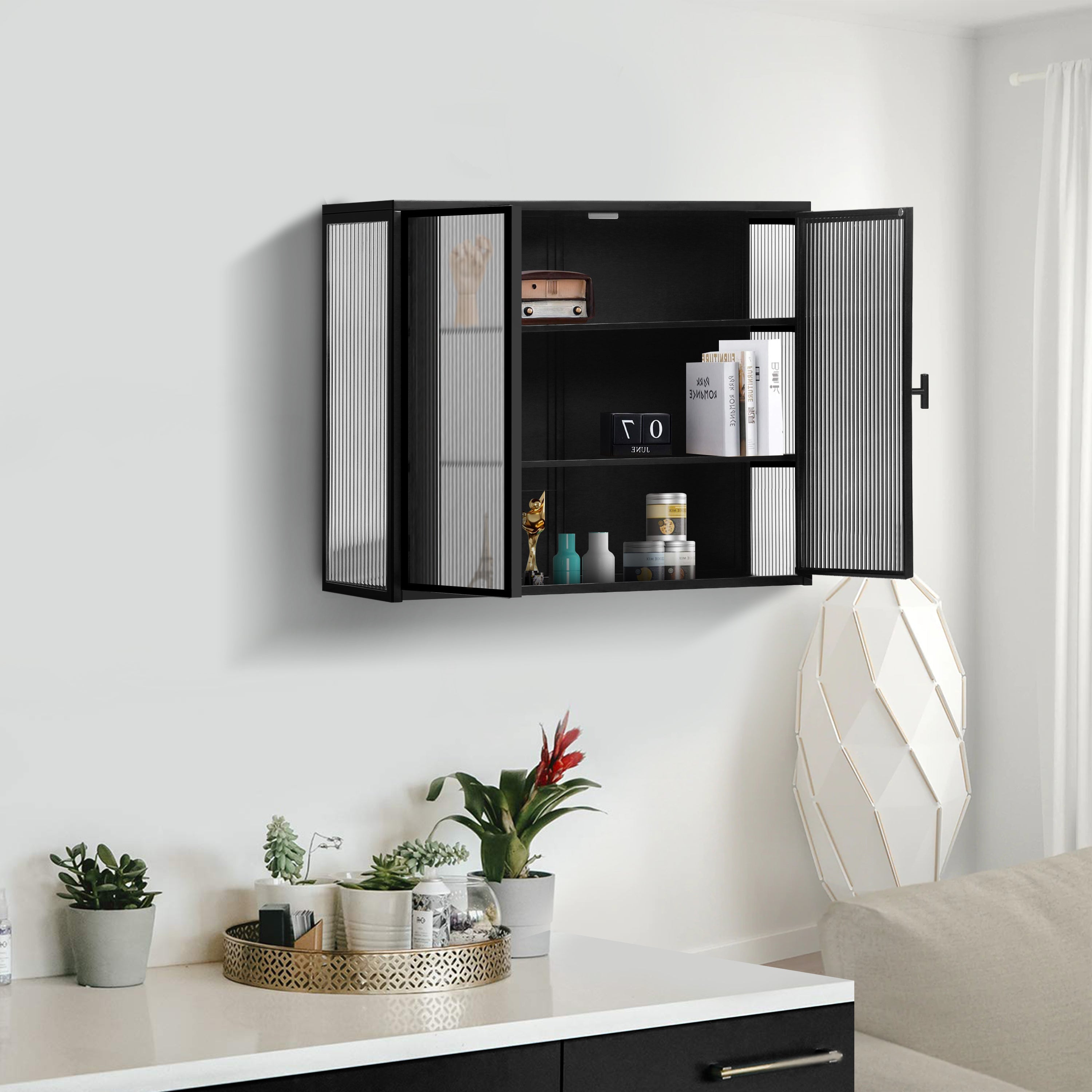 Logidon 70 cm glazen wandkast zwart 2-deurs met drie niveaus
