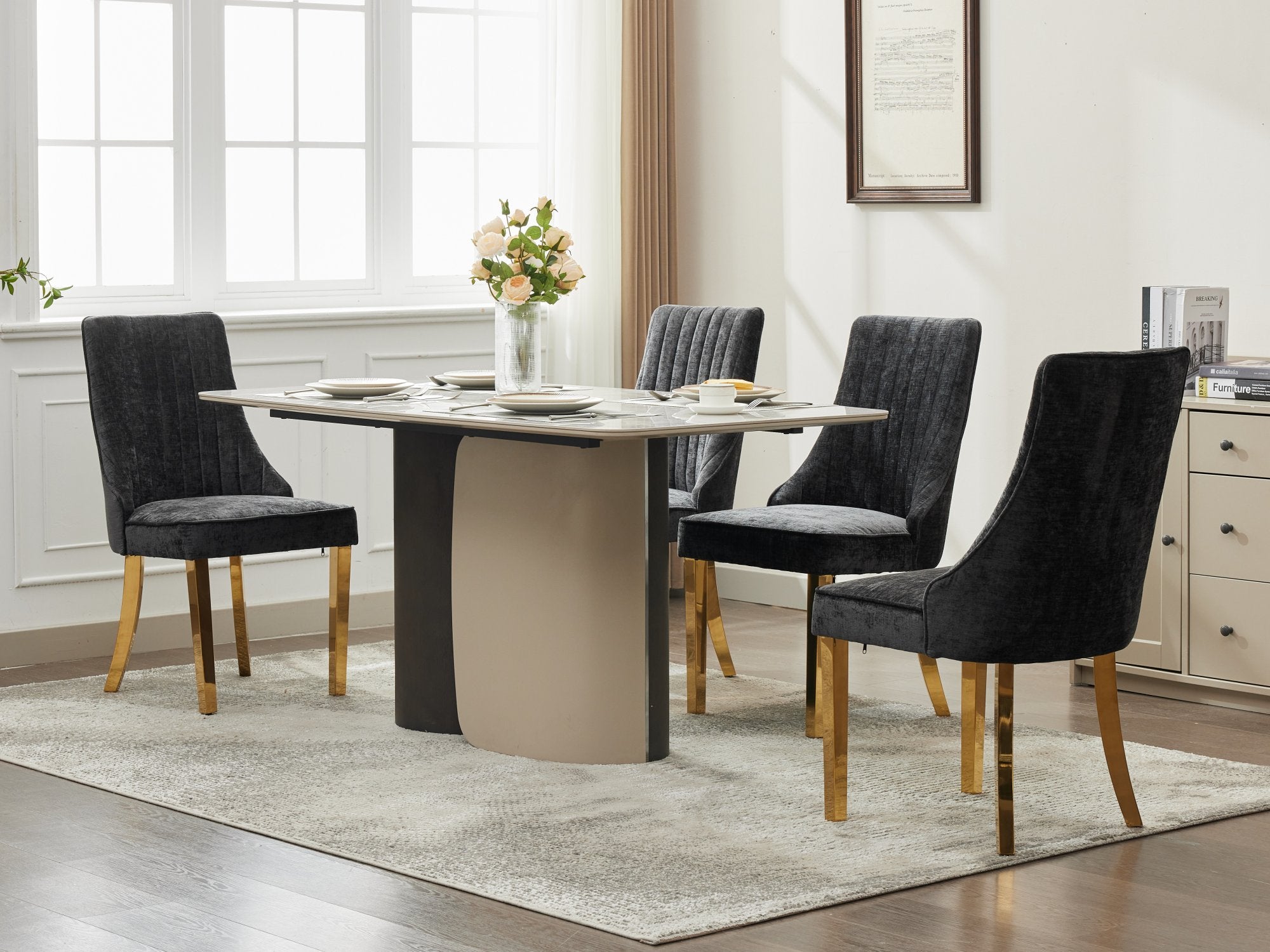 Logidon Chenille Eetstoelenset Zwart Gouden Poten Set van 2 65x50x95 cm