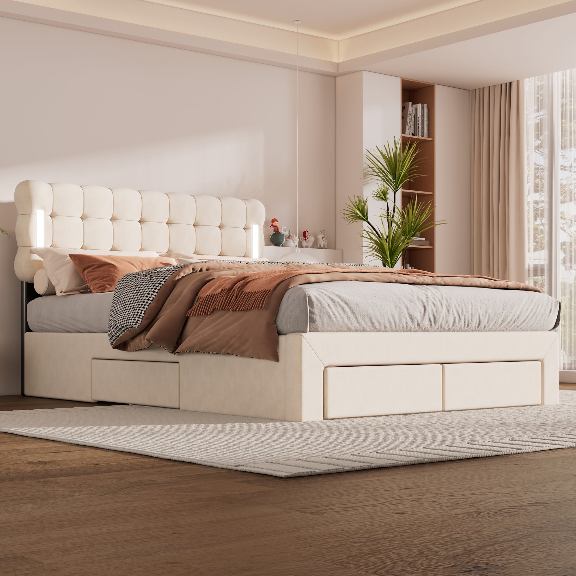 Logidon Flat Bed 140x200 Beige Velvet With Lighting And 4 Drawers