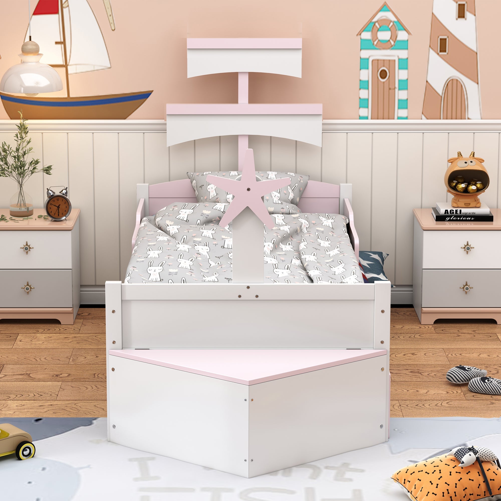 Logidon kinderbed hout roze zeilbootvorm 90x200 met uitschuifbaar bed