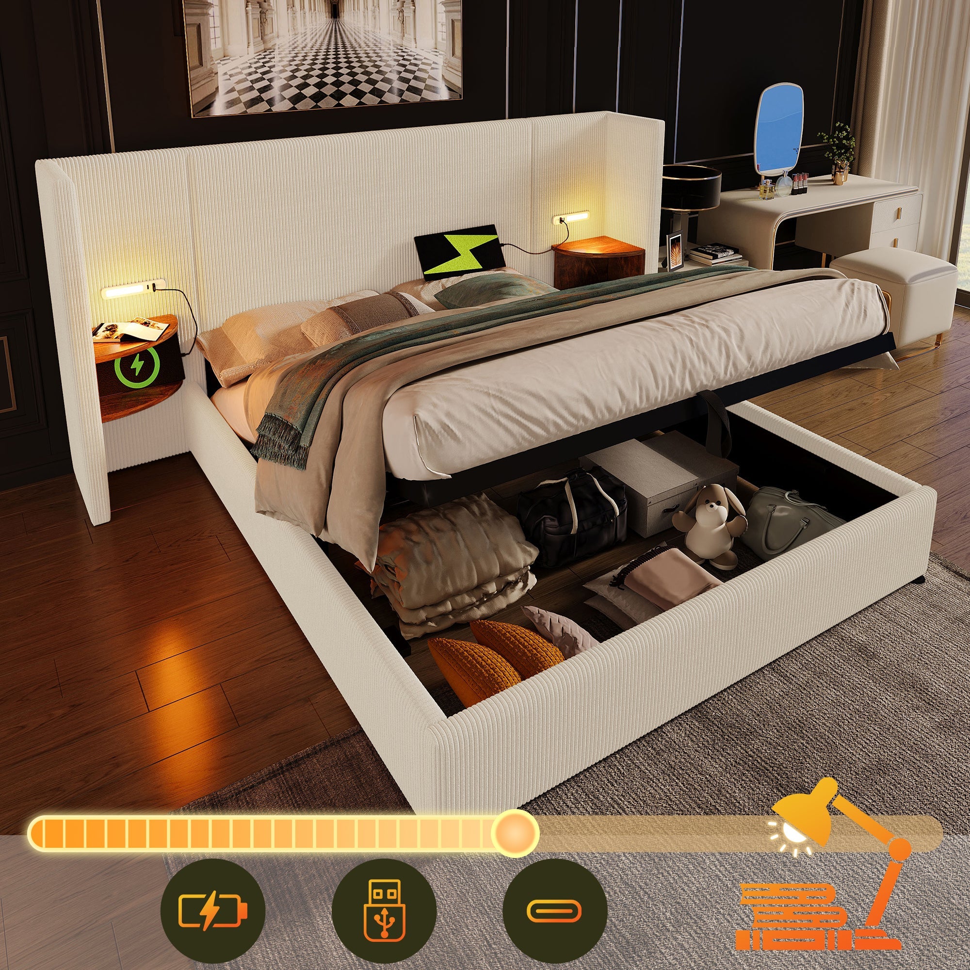 Logidon gestoffeerd bed 160x200 beige-wit met opbergruimte