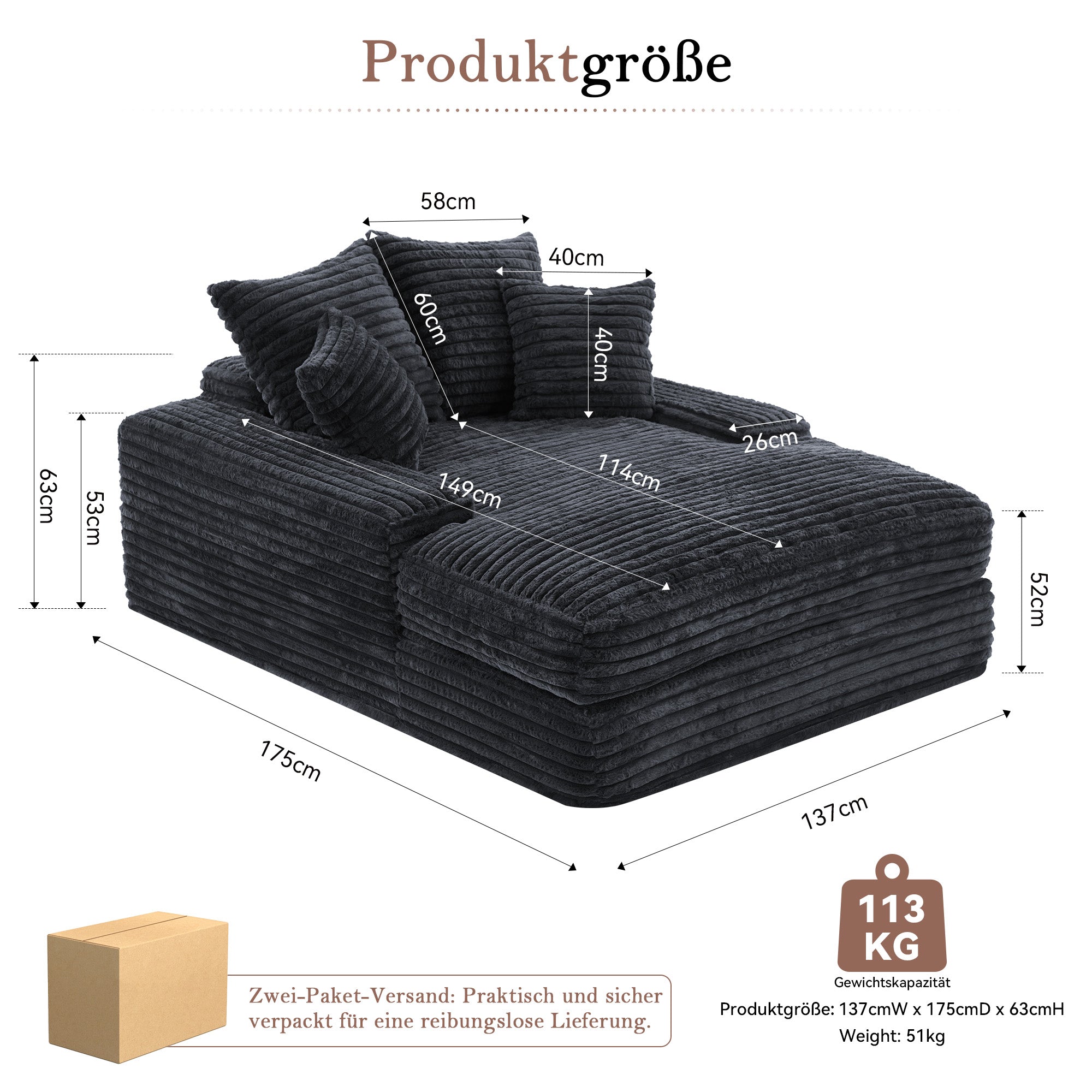 Logidon Luxe Cord Sofa Multifunctionele Slaapbank 4 Kussens Grijs