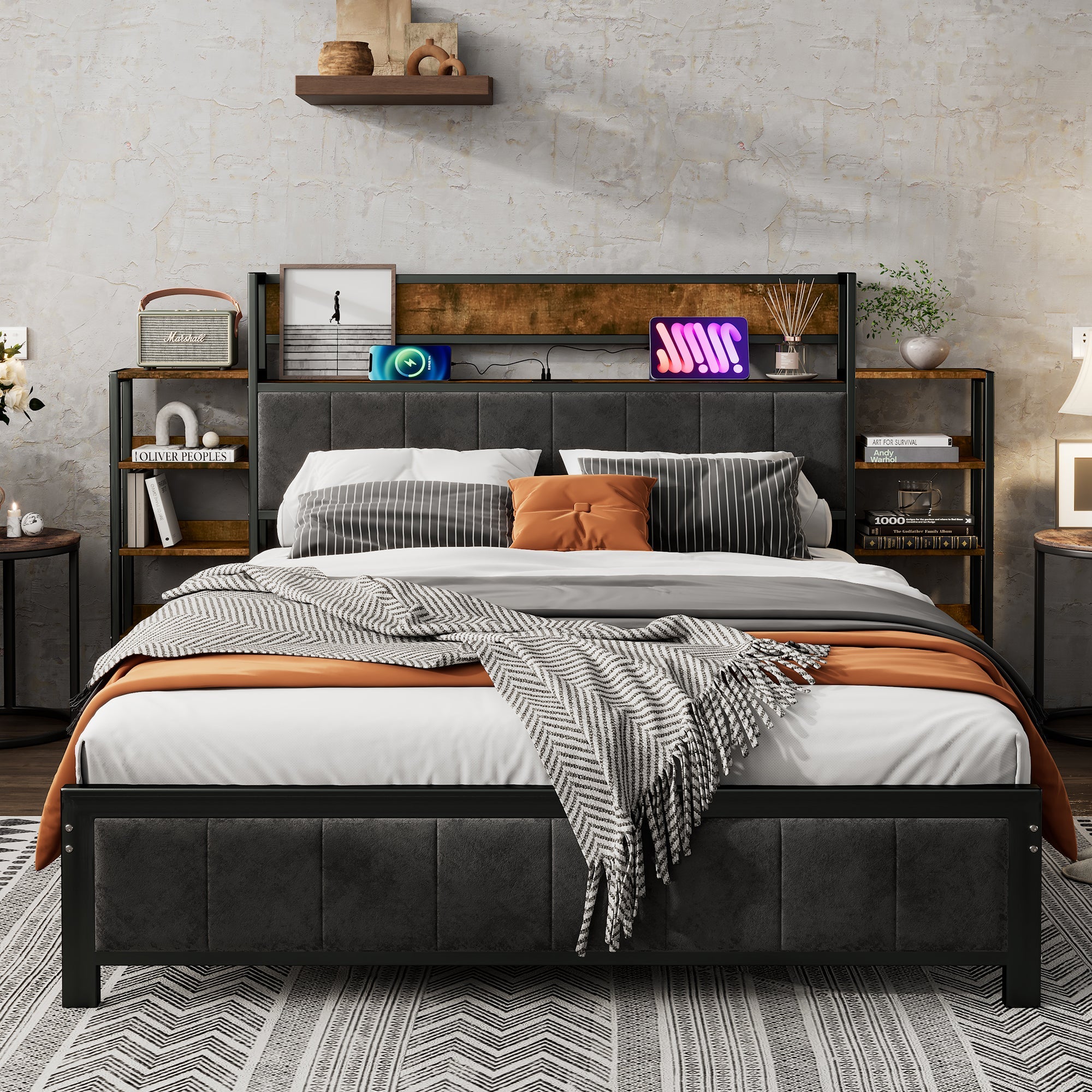 Logidon metalen bed 140x200 met opbergruimte USB-poorten zwart walnoot