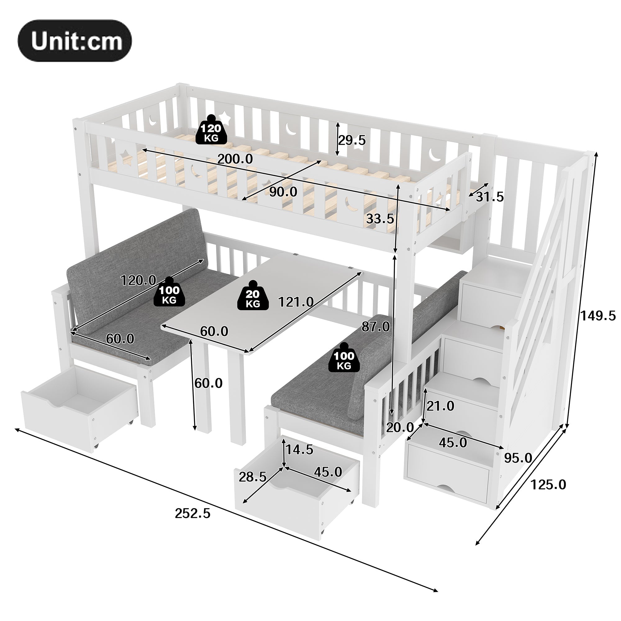 Logidon hoogslaper 90x200 cm wit 2-in-1 bed en bureau