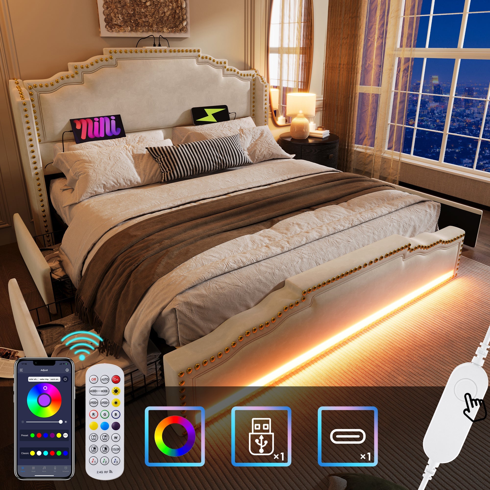 Logidon Upholstered Bed 160x200 Beige Velvet With Four Drawers LED USB C