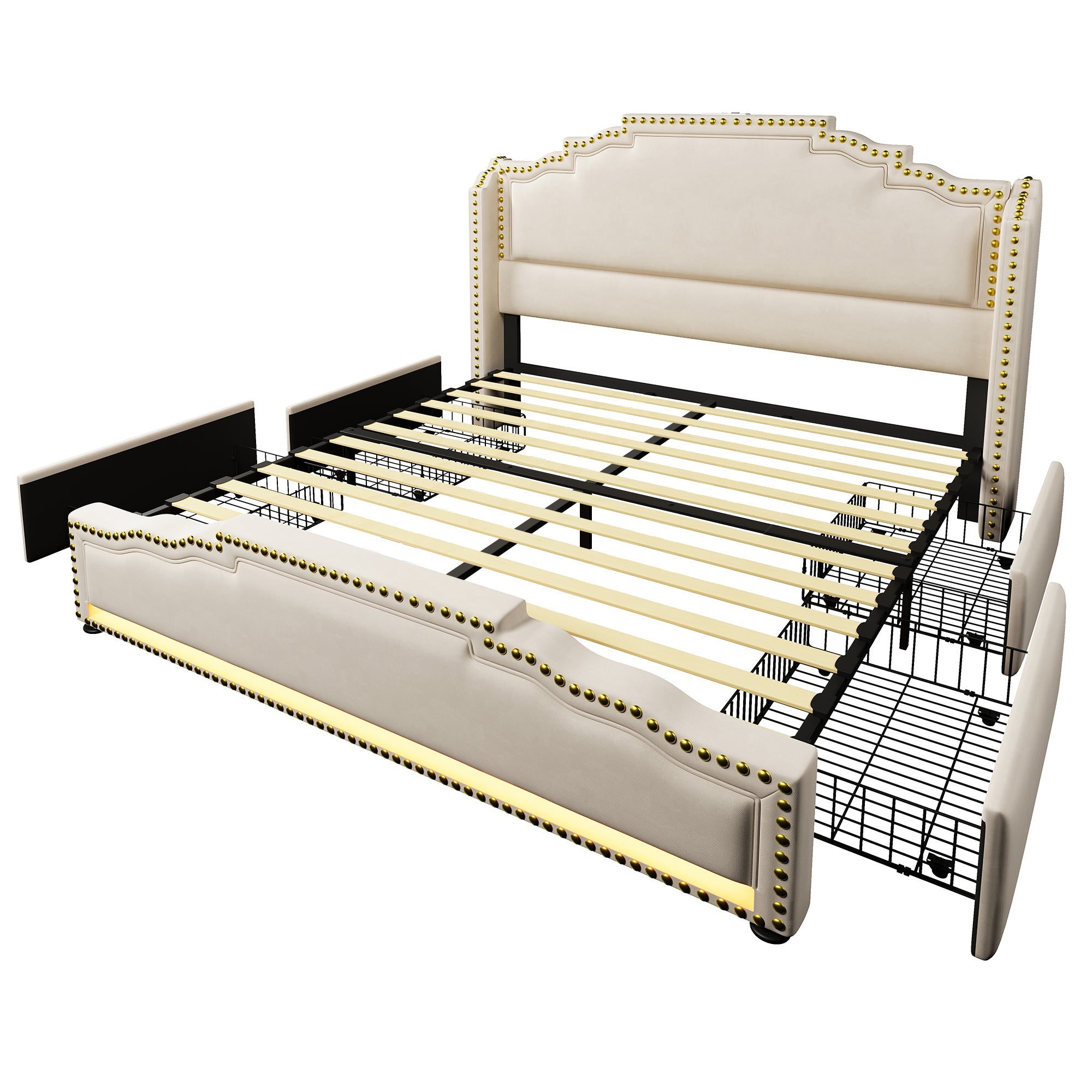 Logidon Upholstered Bed 160x200 Beige Velvet With Four Drawers LED USB C
